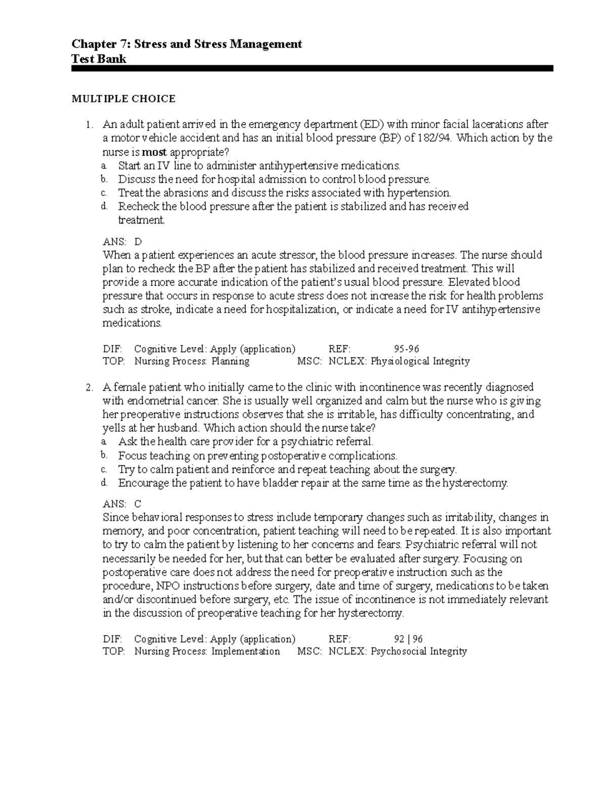 Ch7 - Practice Questions - Chapter 7: Stress And Stress Management Test ...