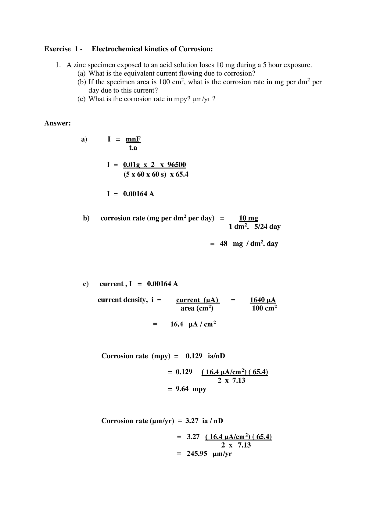 Exercise corrosion - Exercise 1 - Electrochemical kinetics of Corrosion ...