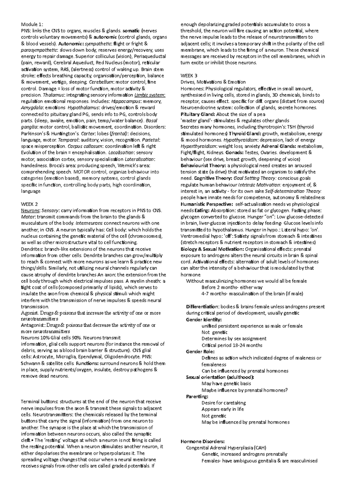PSYC1020 cheat sheet - used for exam revision - Module 1: PNS: links ...