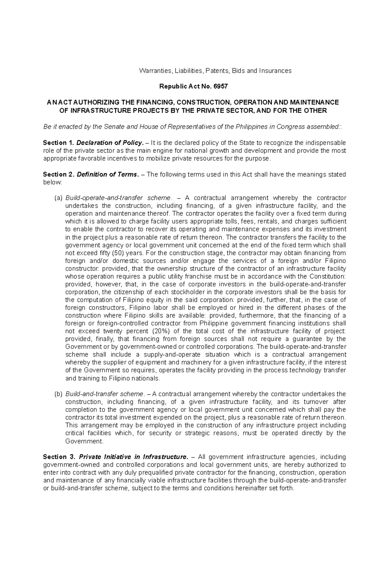 Warranties, Liabilities, Patents, Bids and Insurances 6957 AN ACT