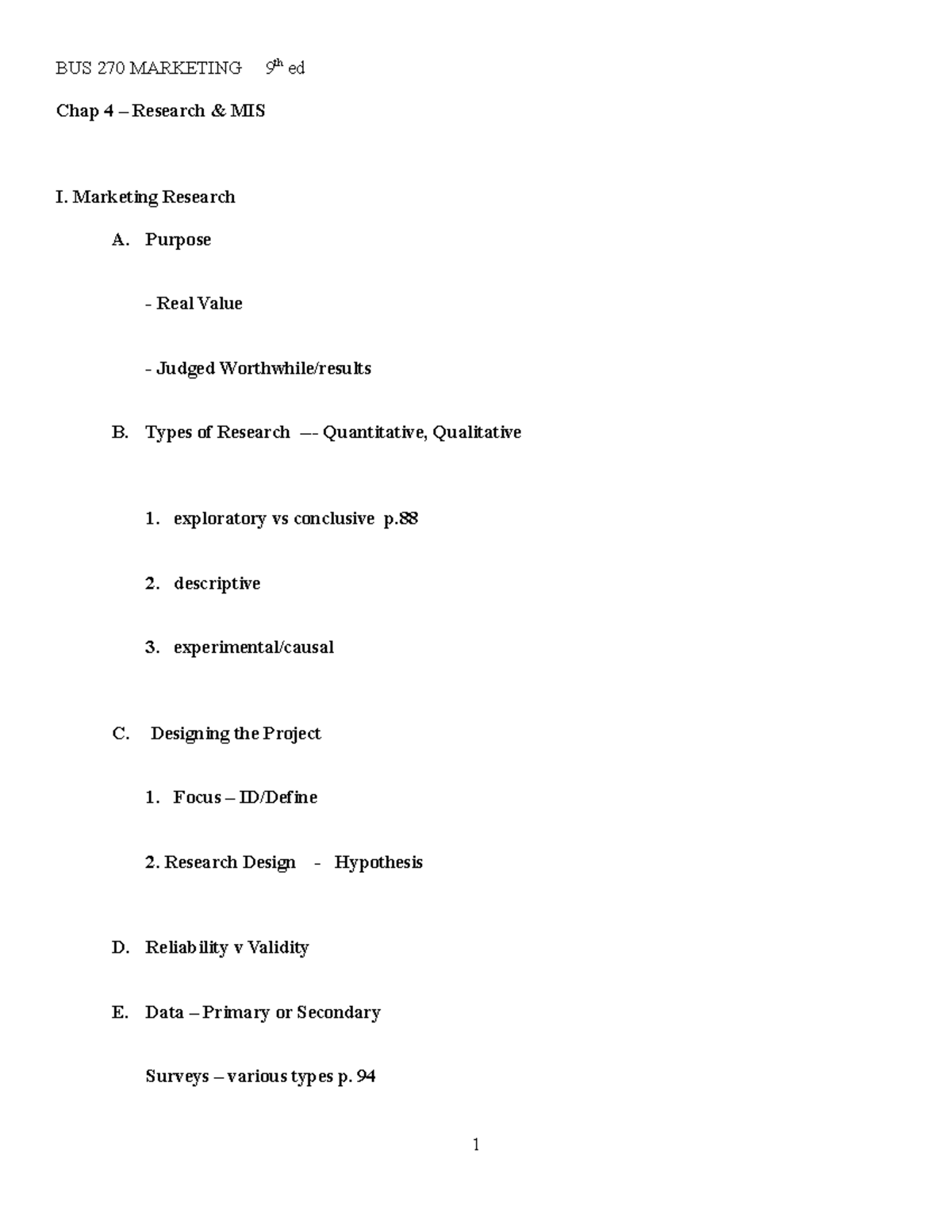 Mkt Chap 4 Research Outline - Bus 270 Marketing 9 Th Ed Chap 4 