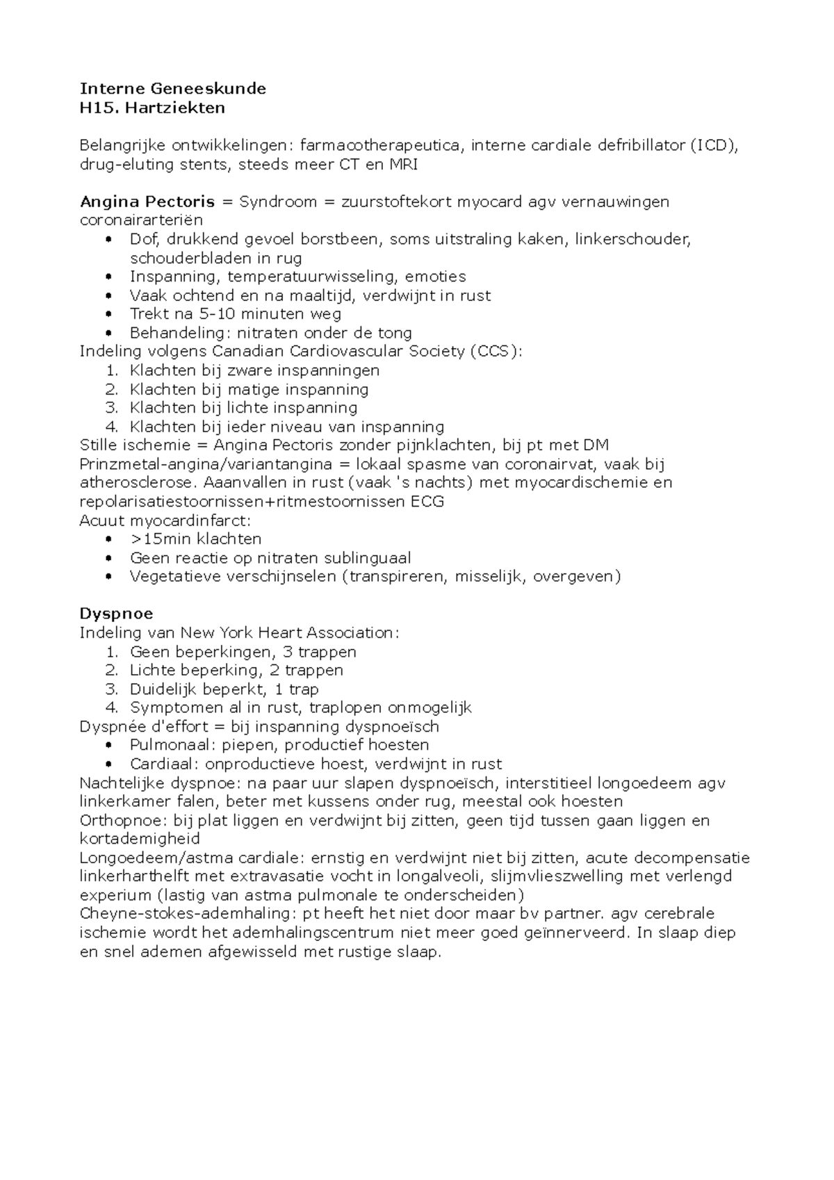 Samenvatting Interne Hoofdstuk 15 Interne Geneeskunde H15 Hartziekten Belangrijke