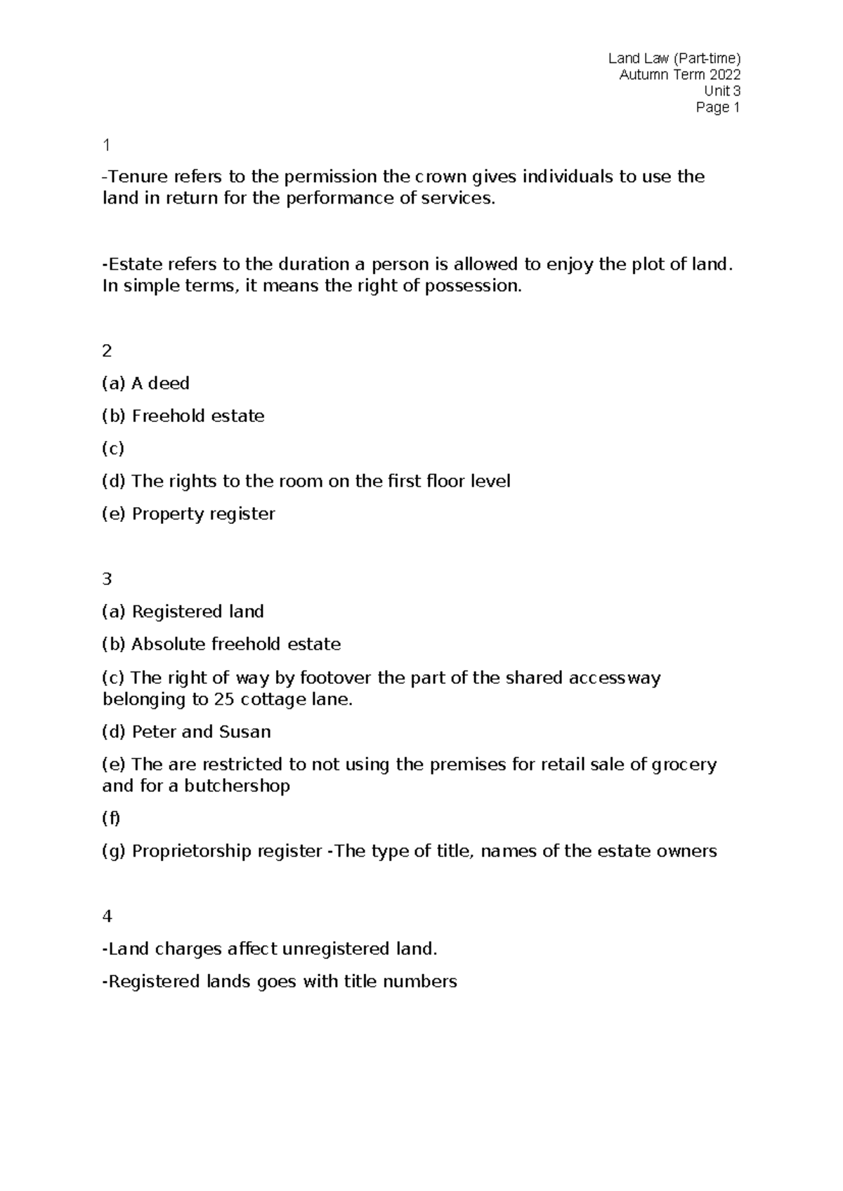 Land law tut 3 - land law - Land Law (Part-time) Autumn Term 2022 Unit ...
