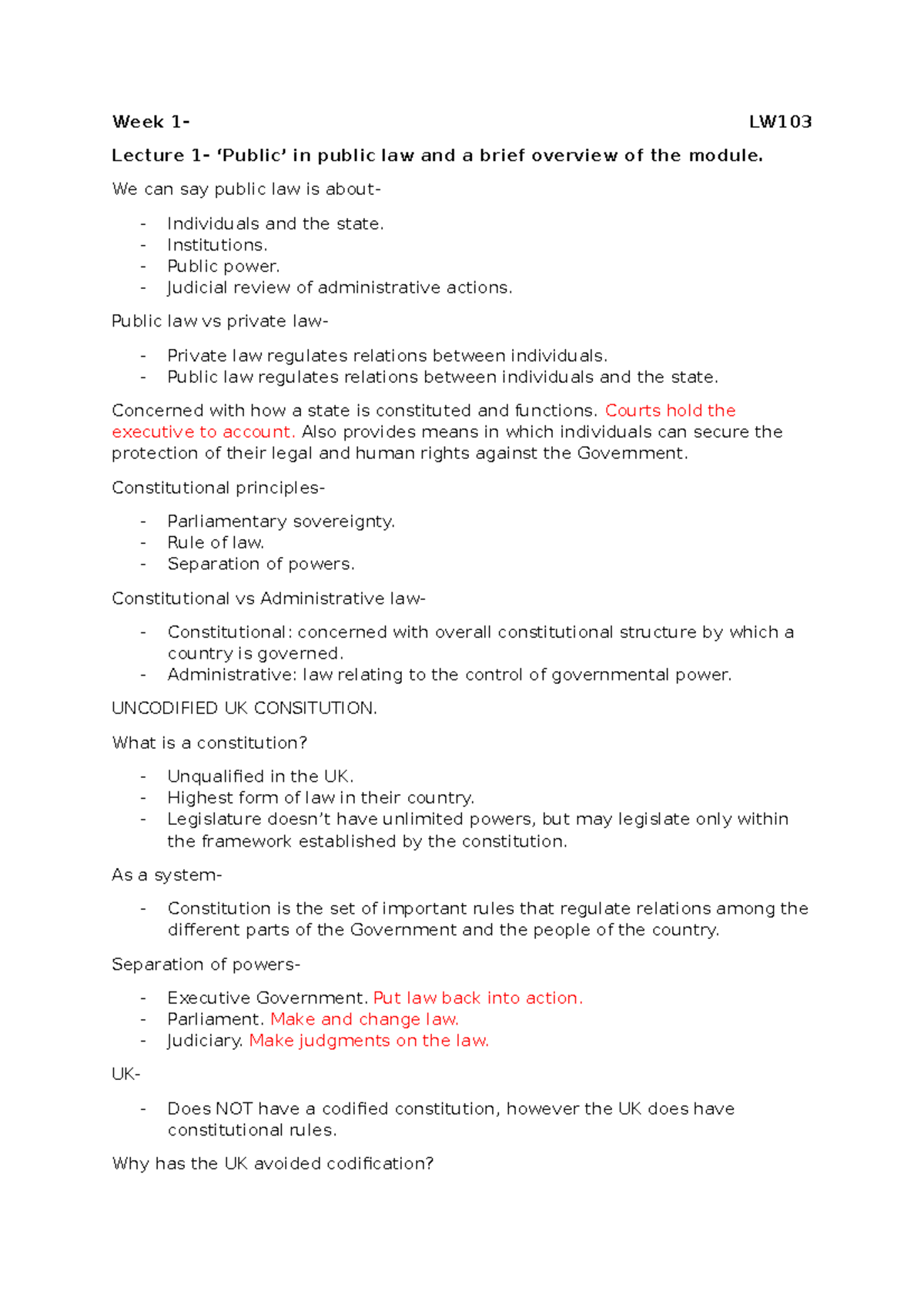WEEK 1 Lecture Notes - Week 1- LW Lecture 1- ‘Public’ in public law and ...