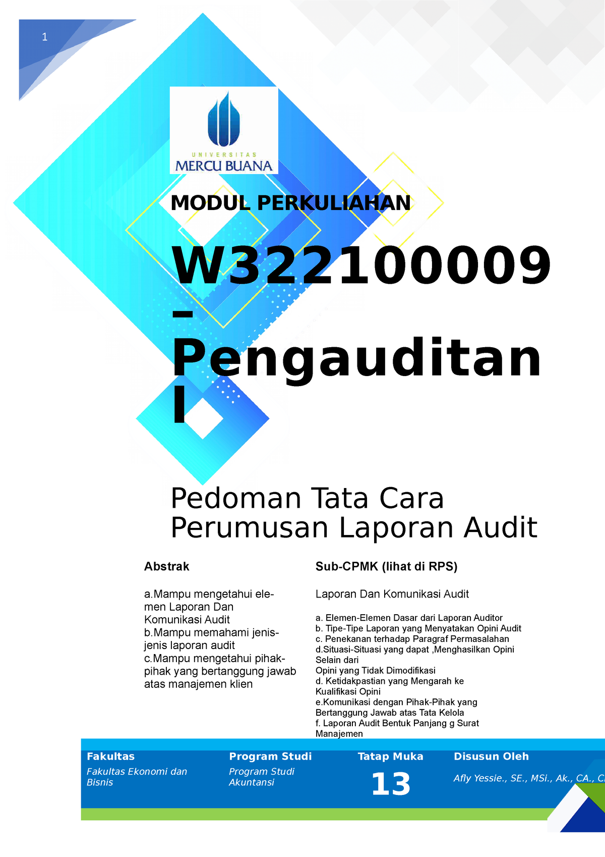 Modul XIII Audit I - 1 MODUL PERKULIAHAN W – Pengauditan I Pedoman Tata ...