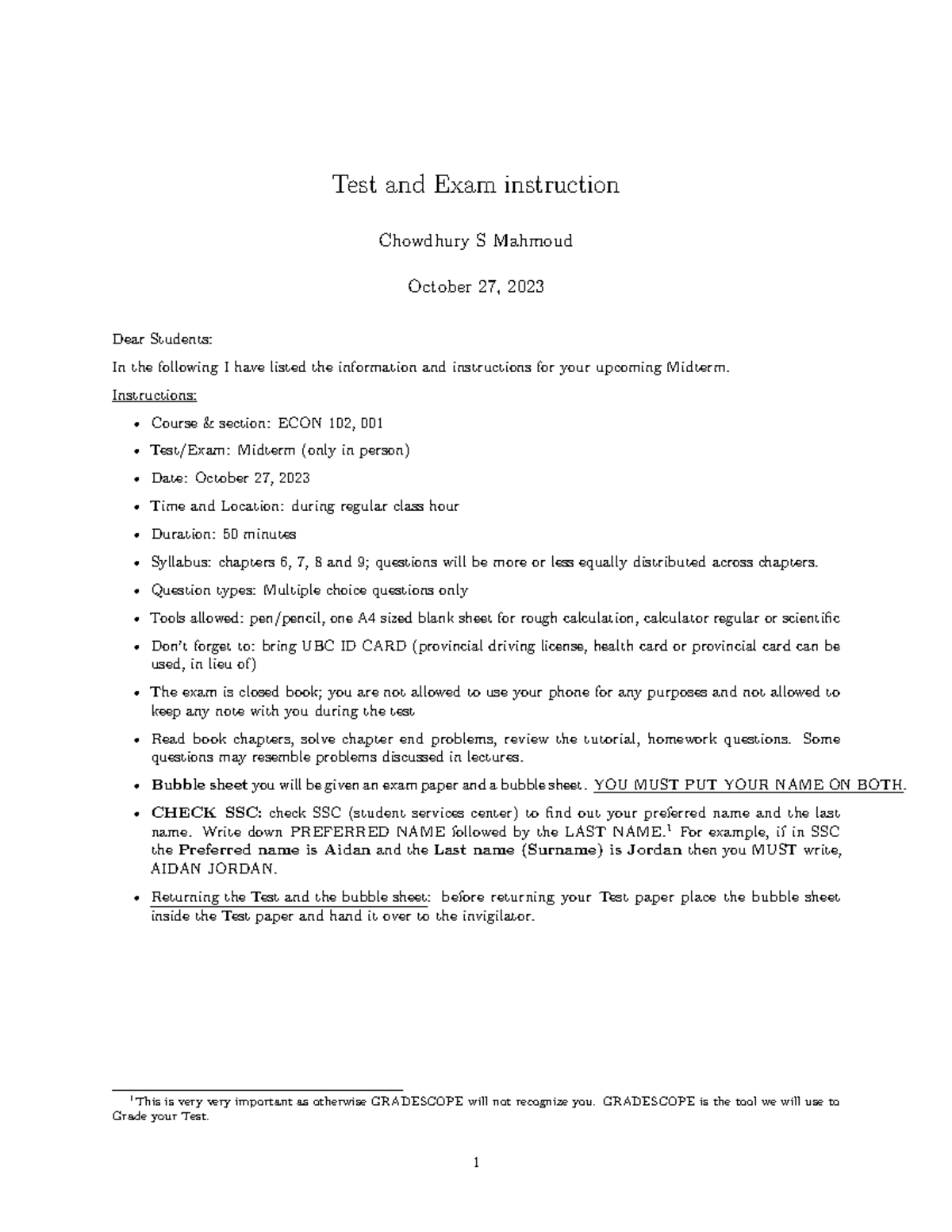 EXAM Instruc 102 Midterm 2023 - Test And Exam Instruction Chowdhury S ...