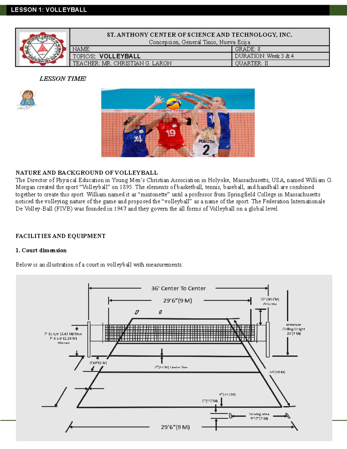 Grade 8 PE Volleyball Quarter 2, Module 1 MS Biology Education CLSU