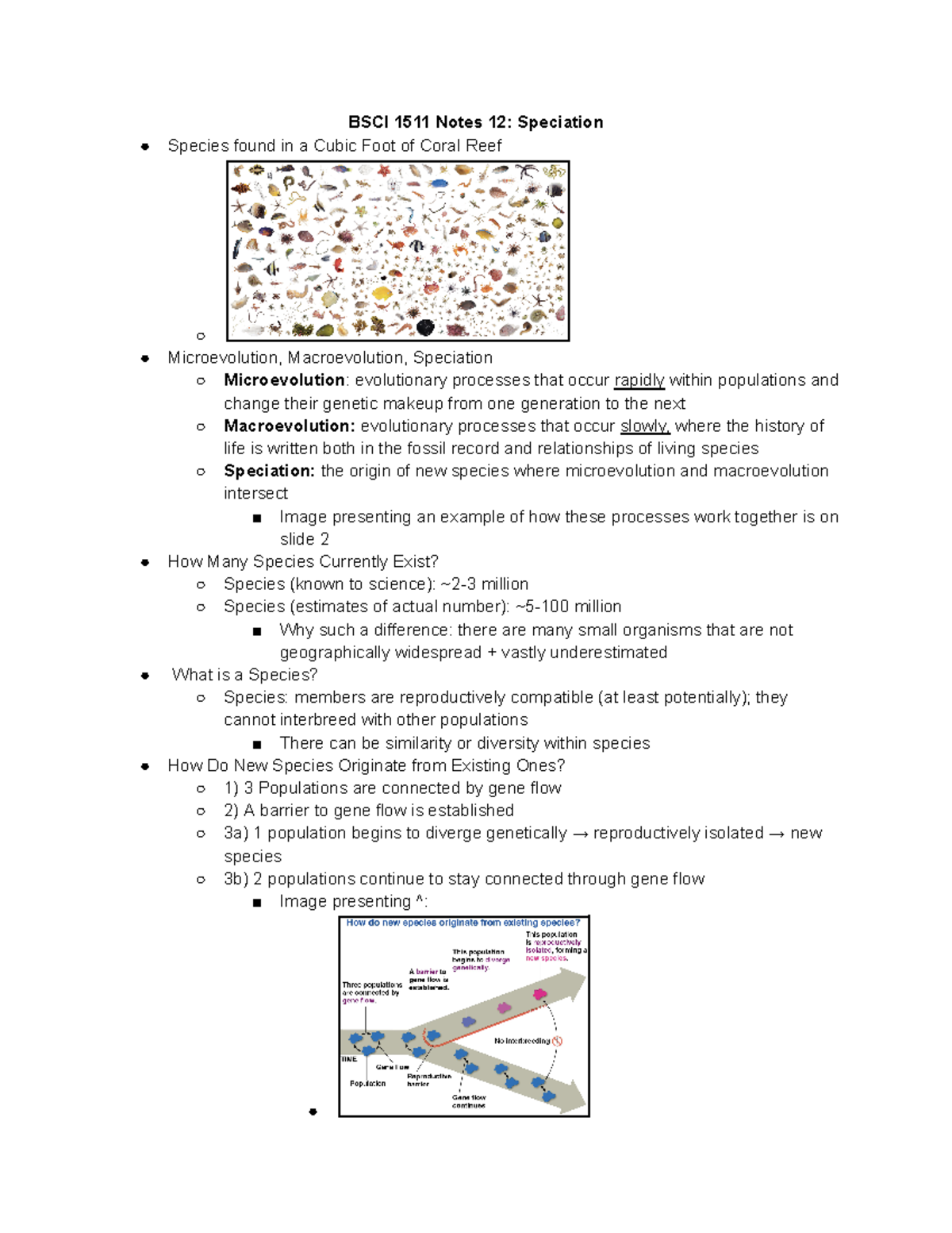 BSCI 1511 12 Speciation - BSCI 1511 Notes 12: Speciation Species Found ...