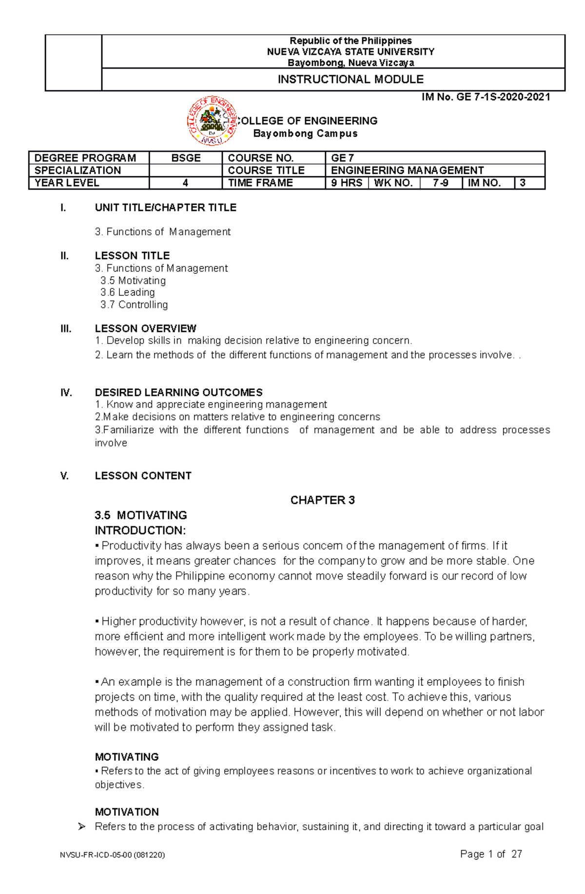 Functions of Management - NUEVA VIZCAYA STATE UNIVERSITY Bayombong ...