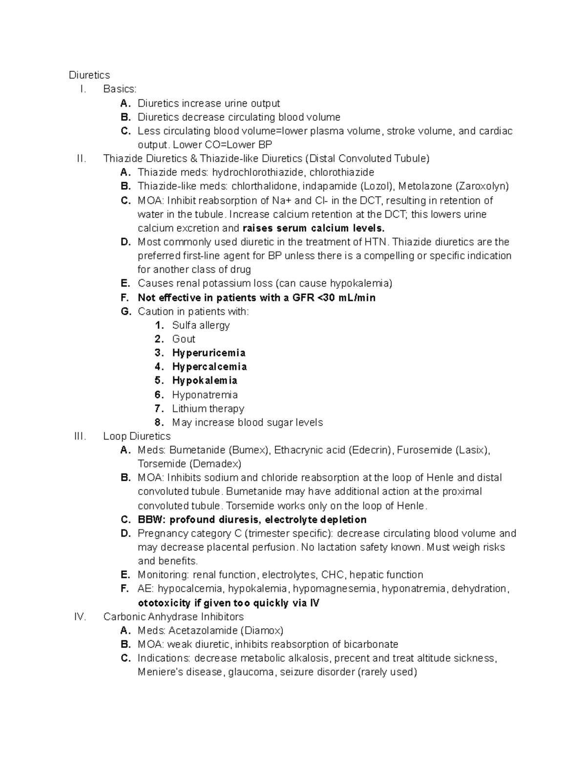 Hypertension Notes - Diuretics I. Basics: A. Diuretics increase urine ...