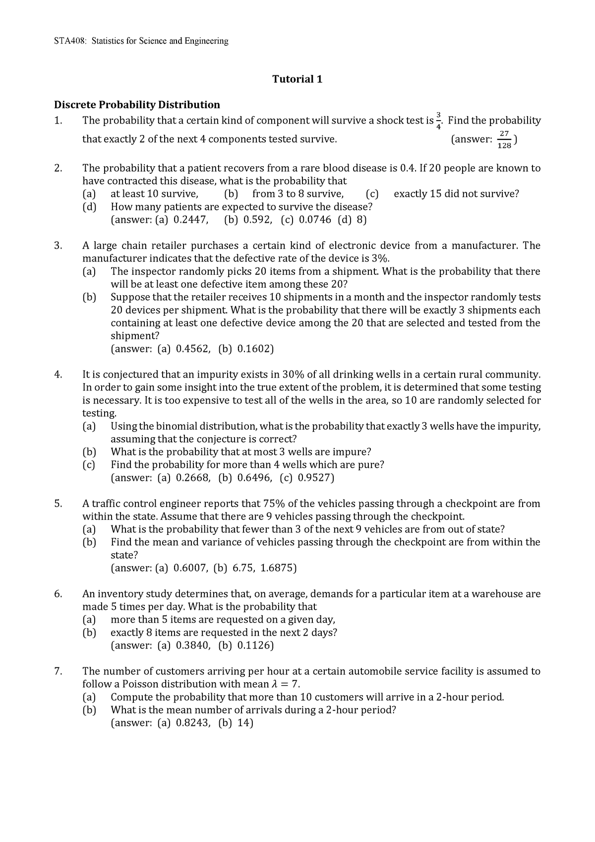 Tutorial 1 - Probability Distribution - STA408: Statistics for Science ...