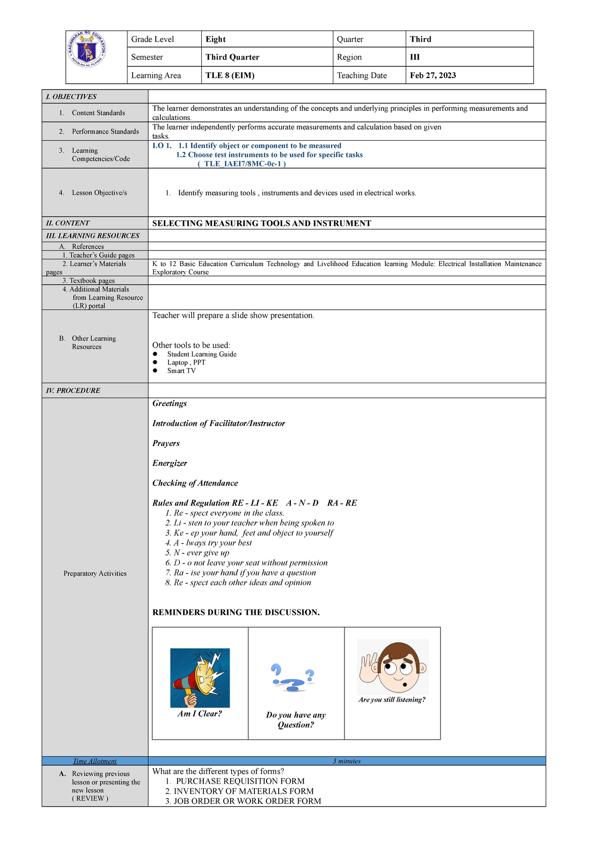 SELECTING MEASURING TOOLS AND INSTRUMENT I. OBJECTIVES 1. Content