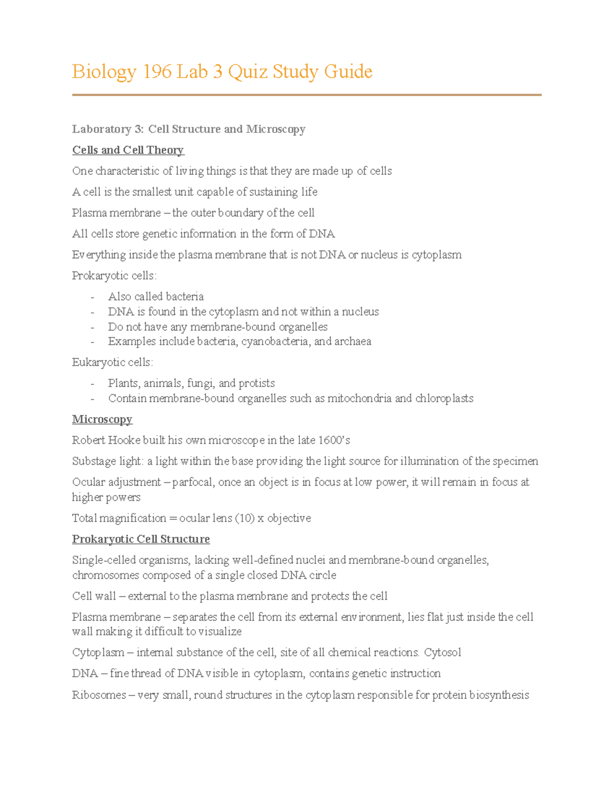 Biology 196 Lab 3 Quiz Study Guide - Biology 196 Lab 3 Quiz Study Guide ...