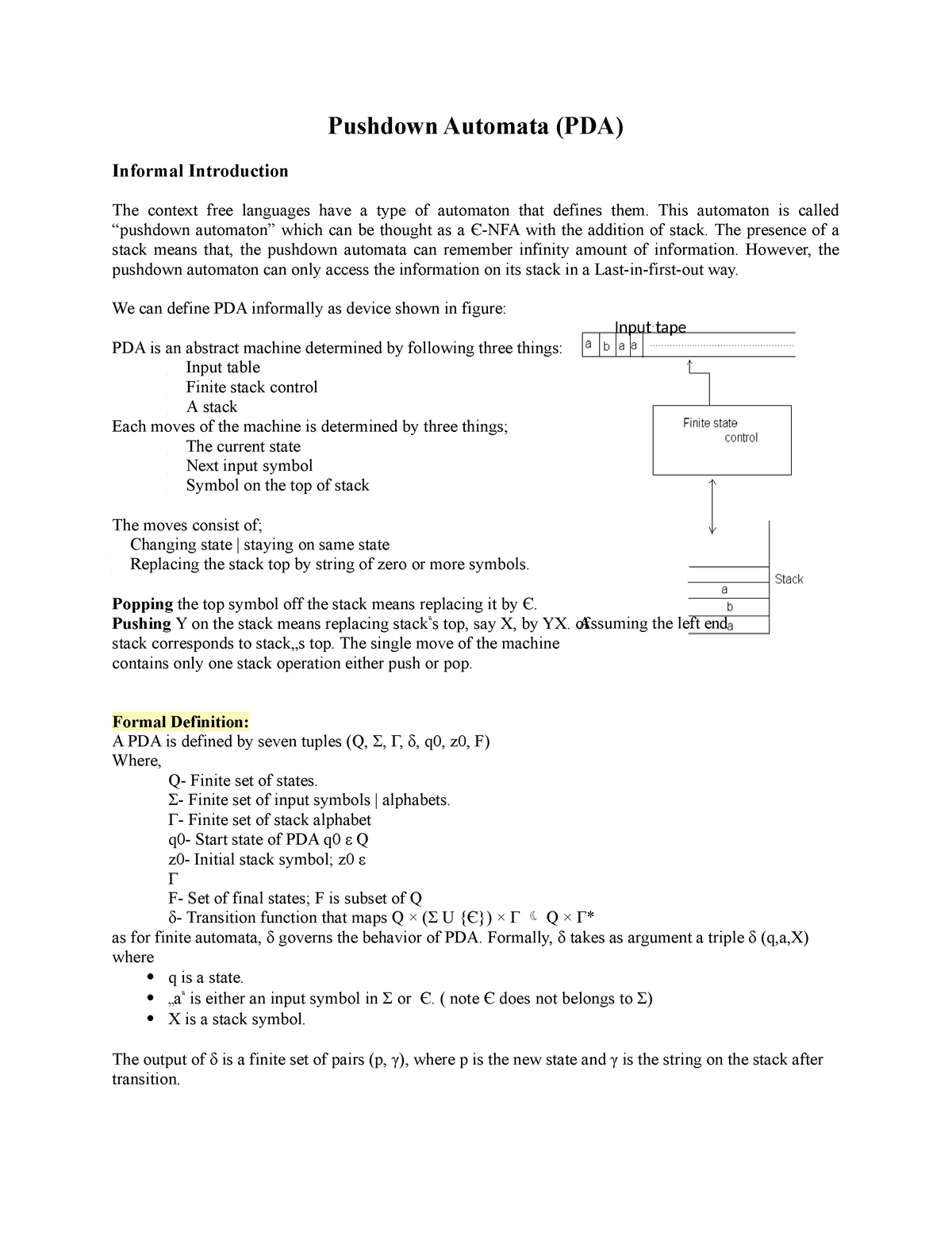 TOC3 Lecture notes 3 Input tape Informal Introduction Pushdown