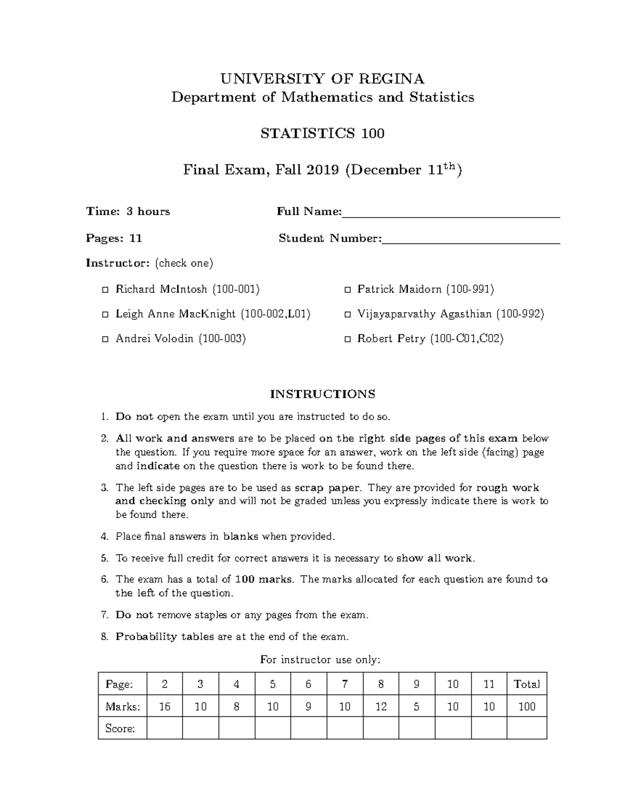 STAT 100 2019 Fall Final solution - UNIVERSITY OF REGINA Department of ...