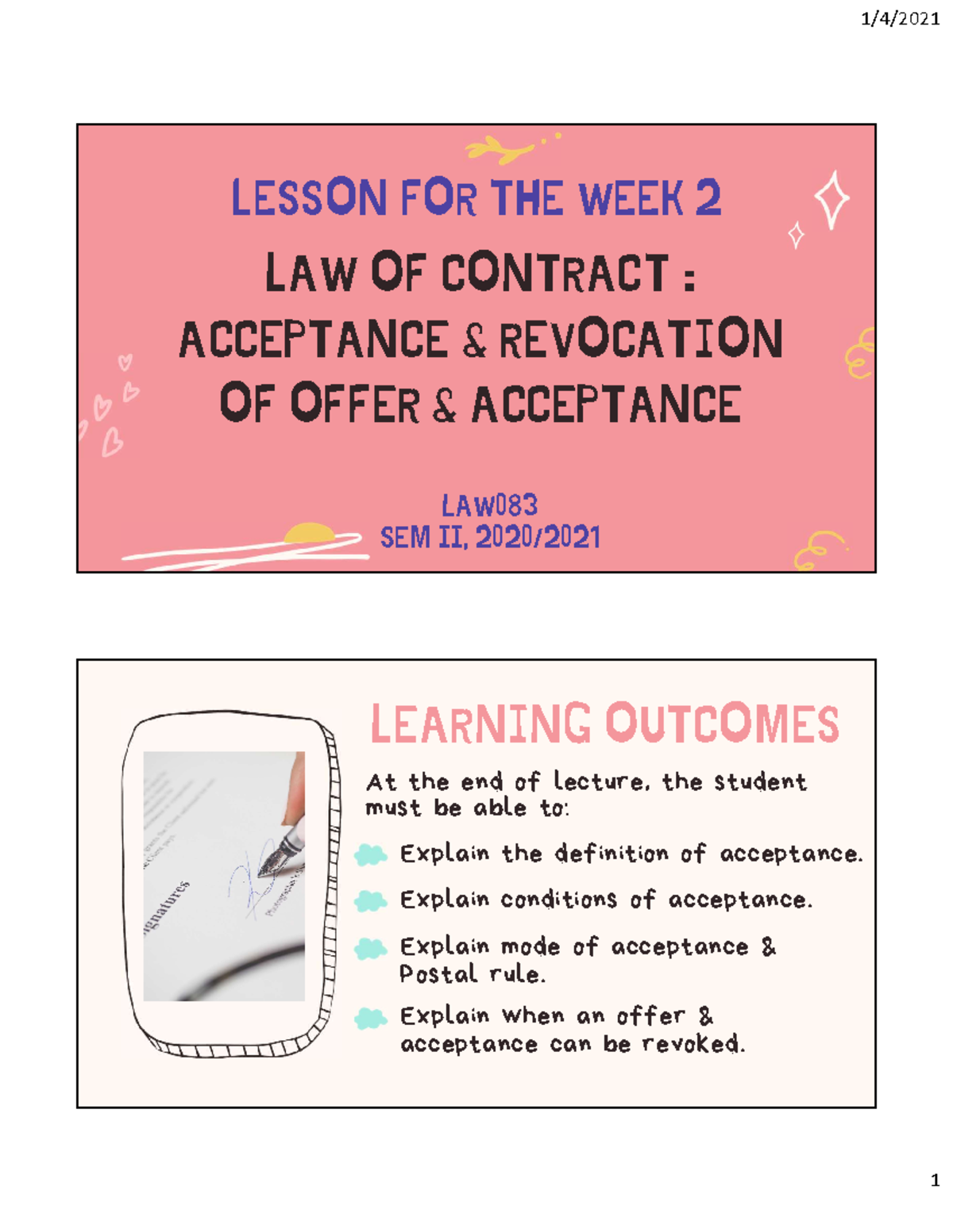 Acceptance & revocation - LESSON FOR THE WEEK 2 LAW OF CONTRACT