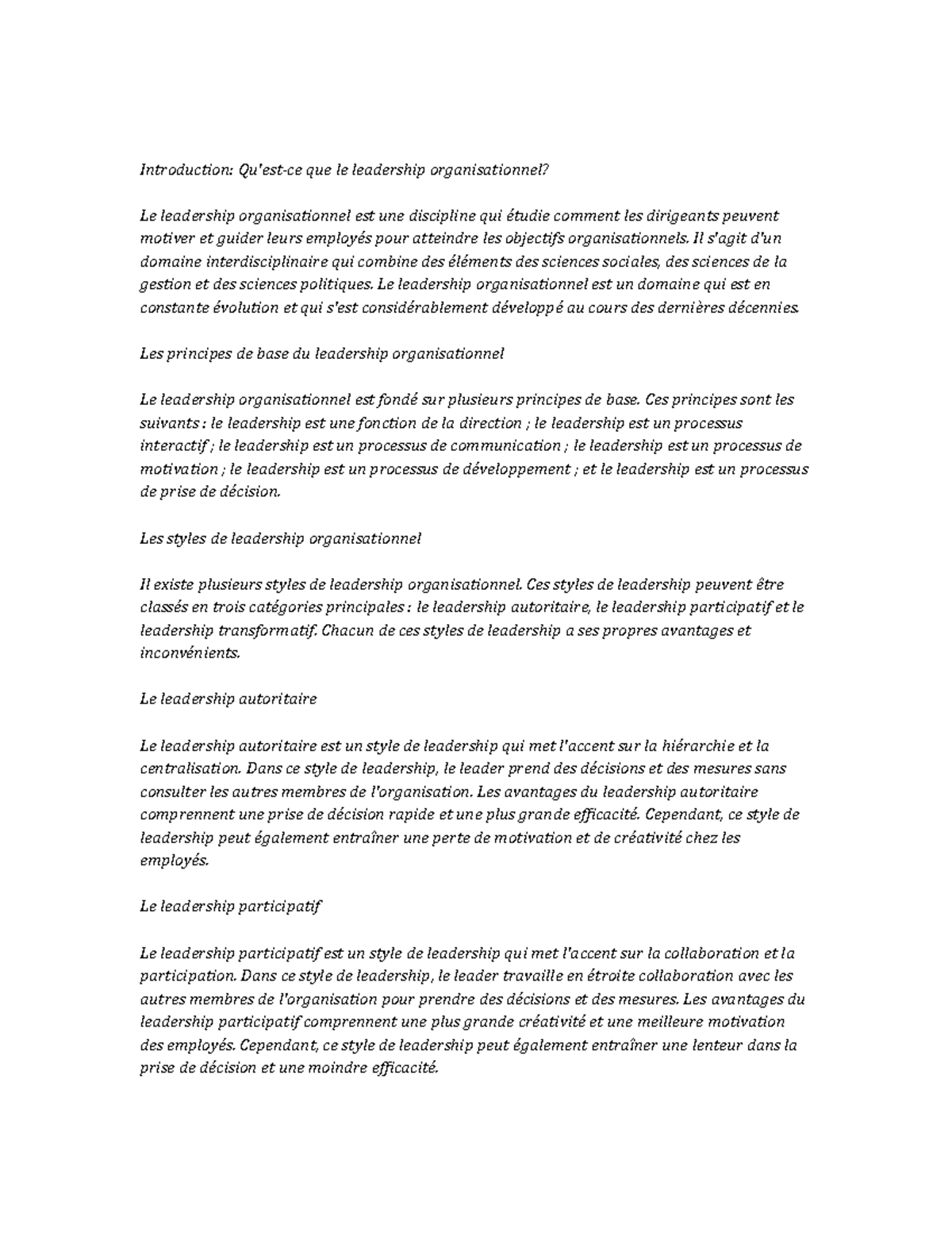 Organizational Leadership note study - Introduction: Qu'est-ce que le ...