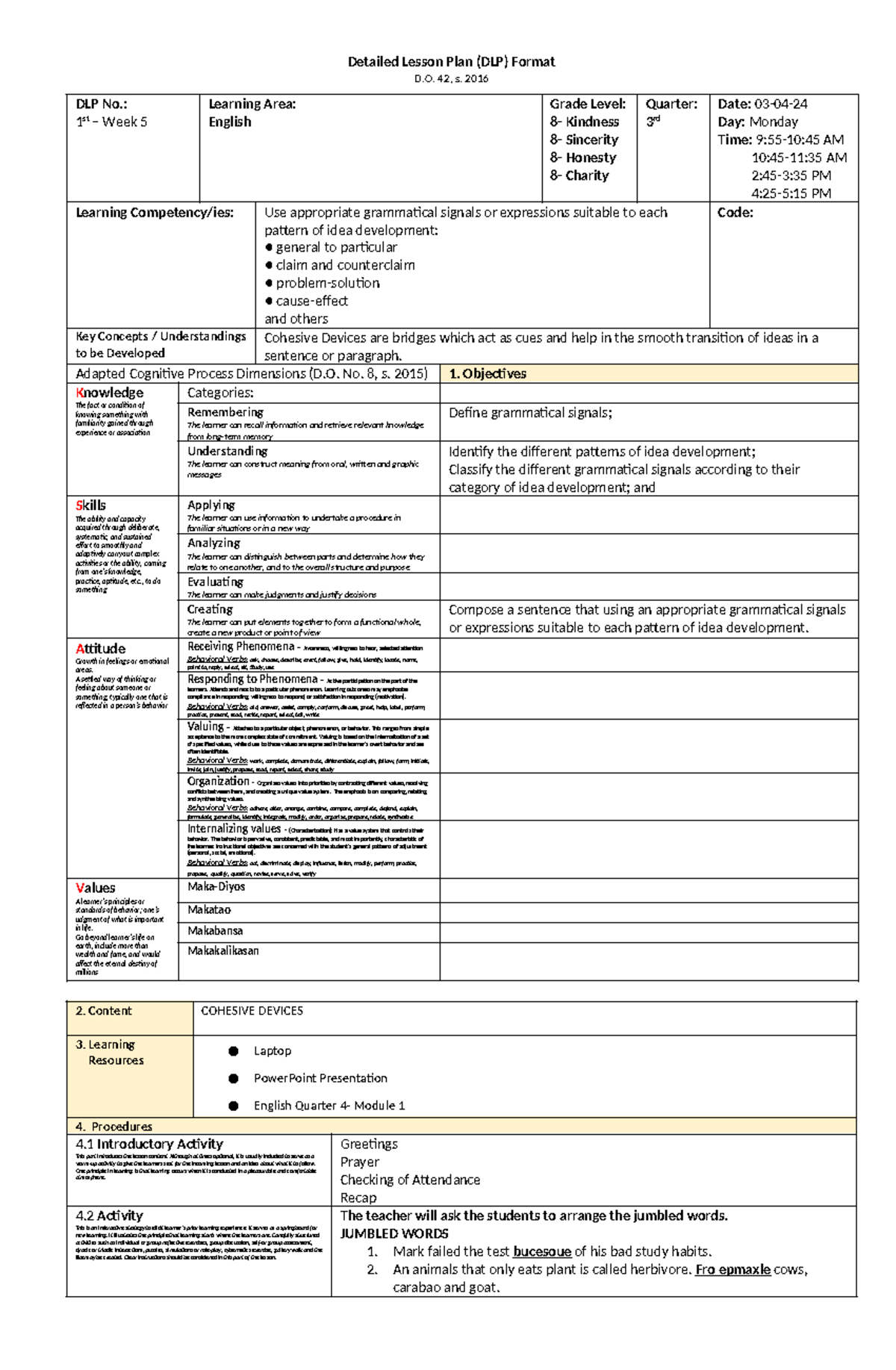 DLP-OF- Grammatical Signals - Detailed Lesson Plan (DLP) Format D. 42 ...