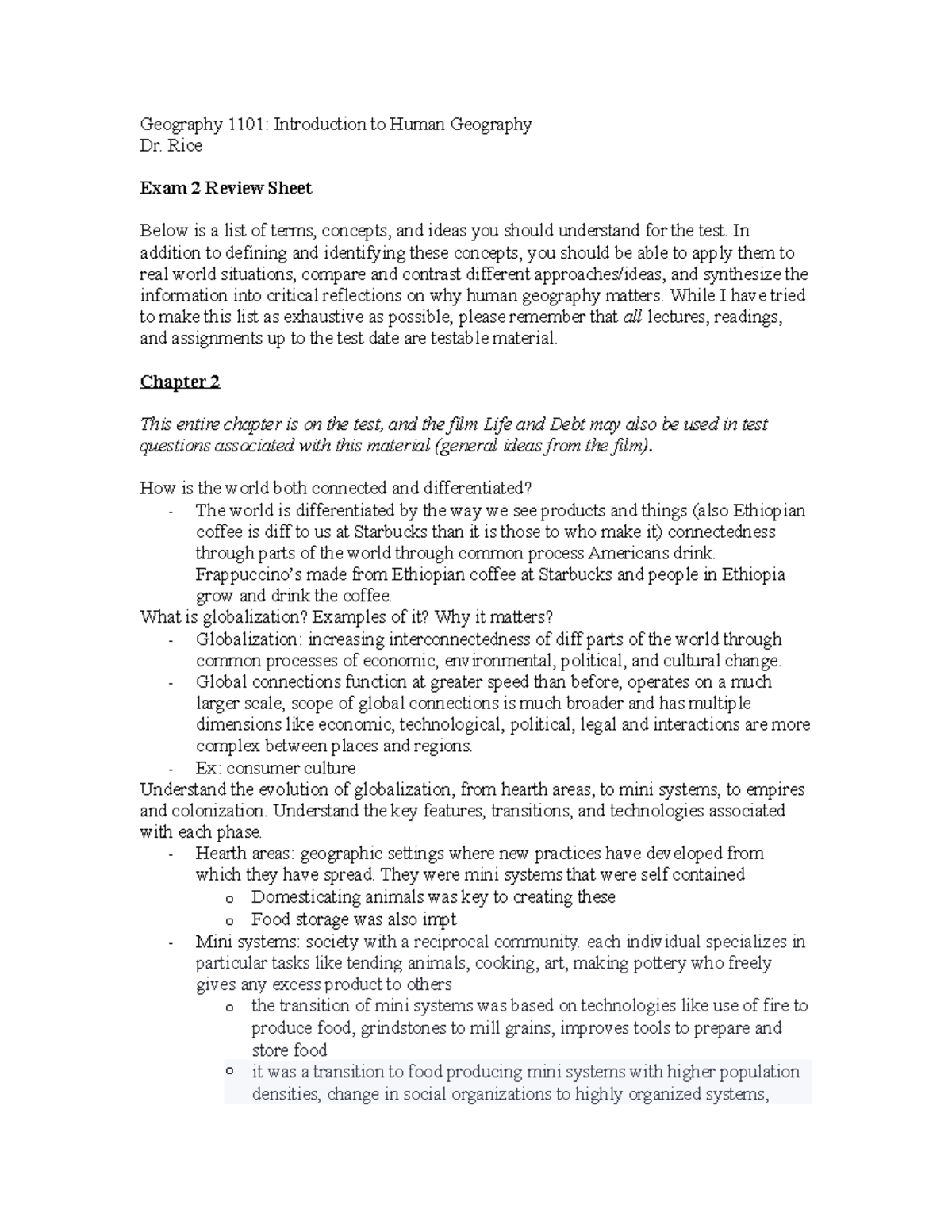 Test #2 Study Guide - Geography 1101: Introduction To Human Geography ...