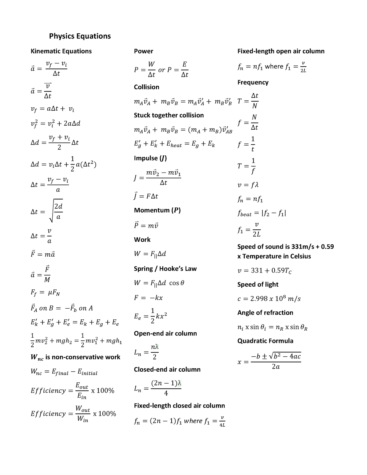 Physics equations - Physics Equations Kinematic Equations 𝑎⃑ = 𝑣𝑓− 𝑣𝑖 ∆ ...