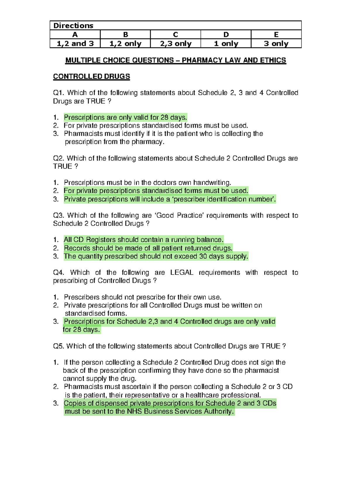 Controlled Drugs MCQs Summary Pharmacy Practice MULTIPLE CHOICE