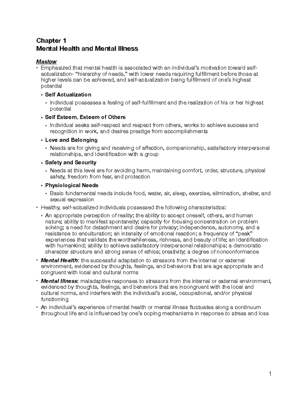 Quiz 1 Notes - Professor Arora- South - Chapter 1 Mental Health and ...