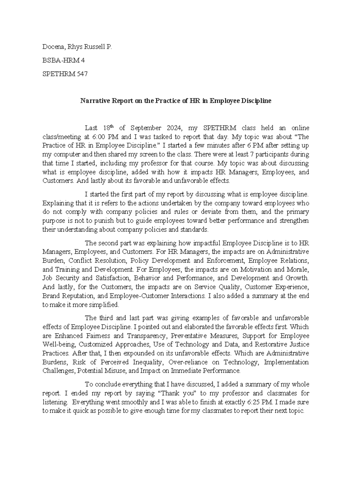 Narrative Report on Spethrm - Docena, Rhys Russell P. BSBA-HRM 4 ...
