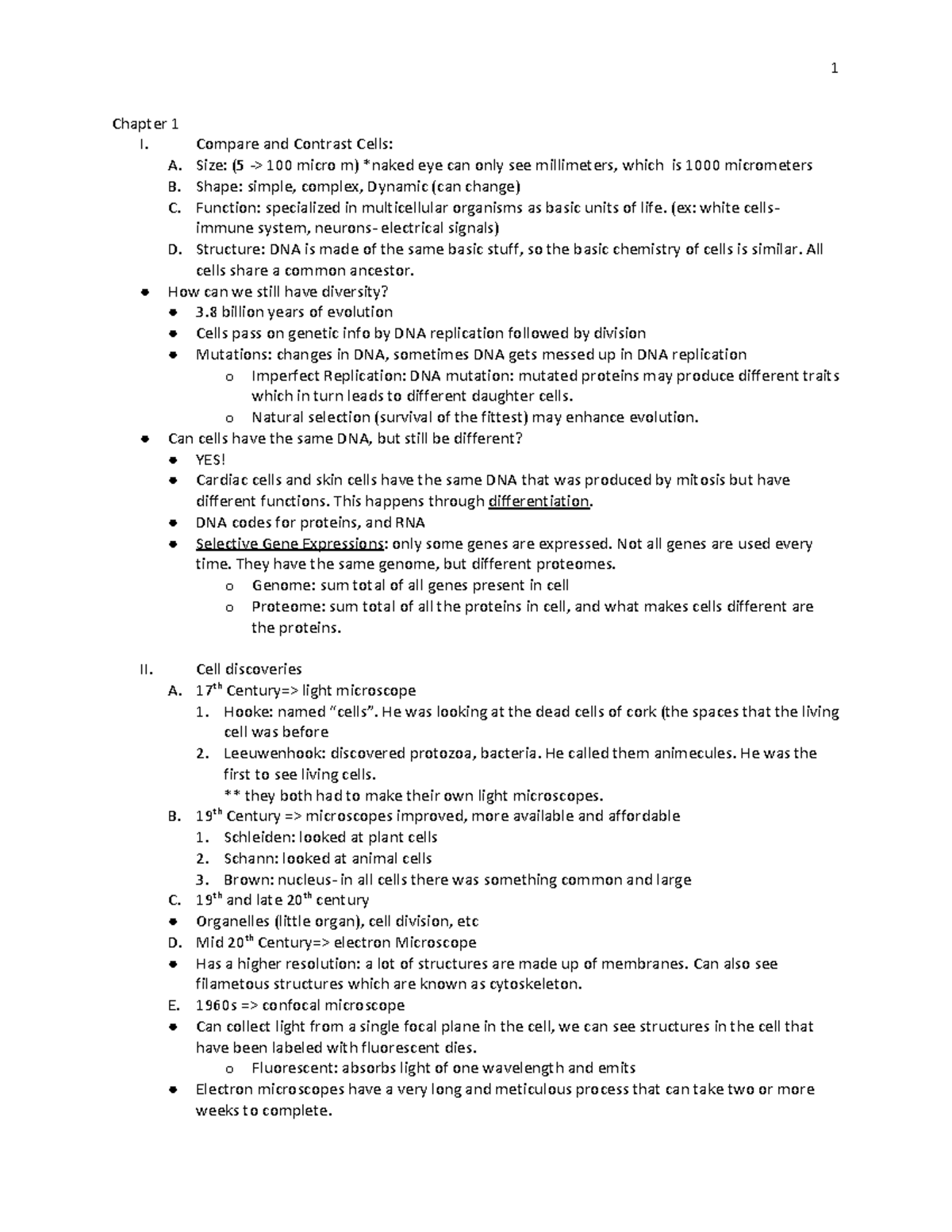 Cell Test 1 Notes - 1 Chapter 1 I. A. B. C. II. Compare And Contrast ...