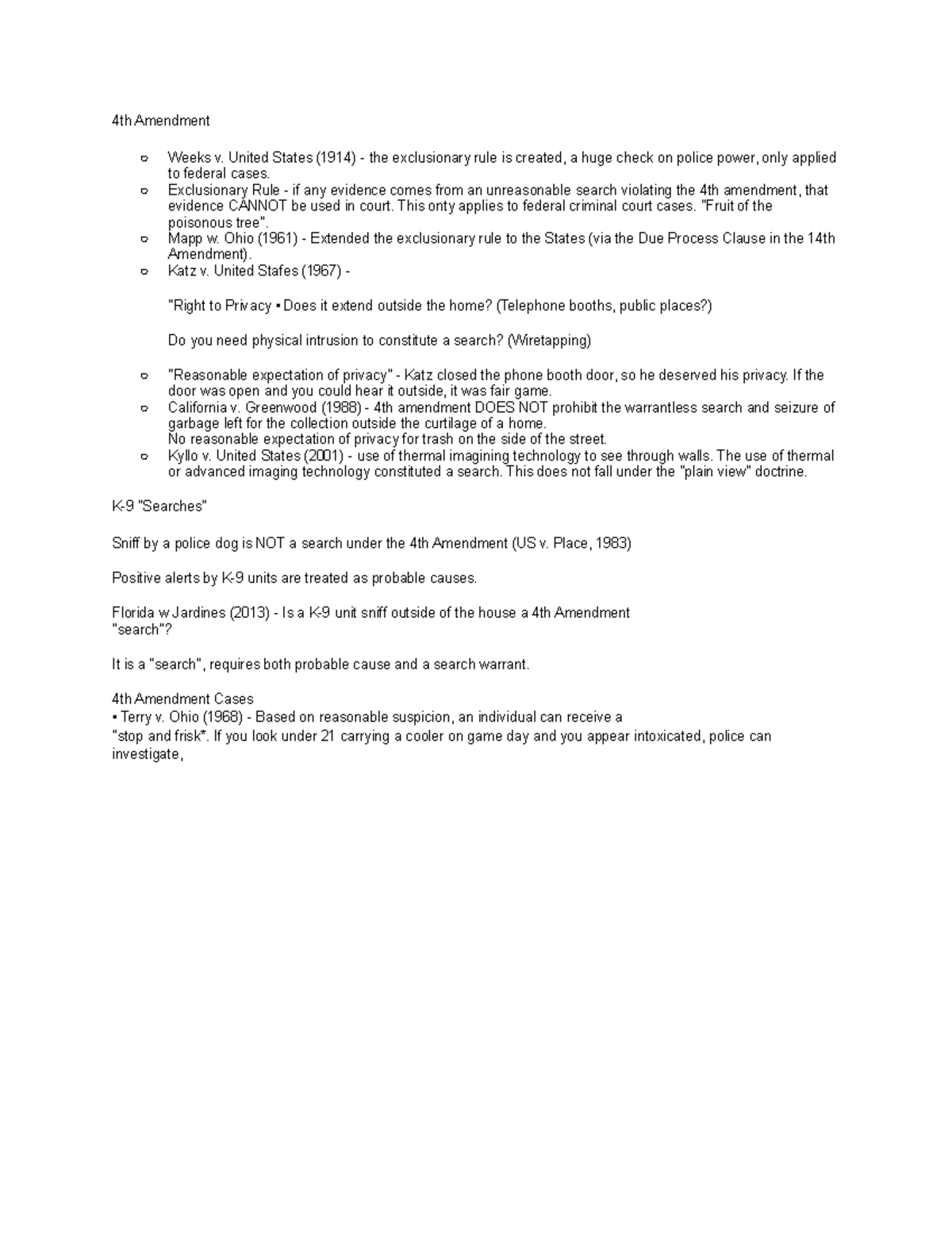 CJ 100 unit 2 notes 4th Amendment Weeks v. United States (1914) the
