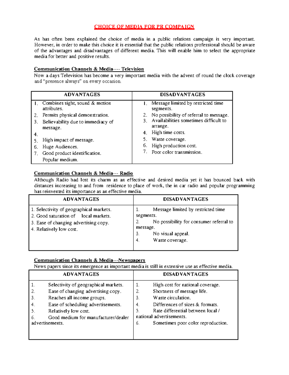 Ch10 Choice of media of PR campaign - CHOICE OF MEDIA FOR PR COMPAIGN ...