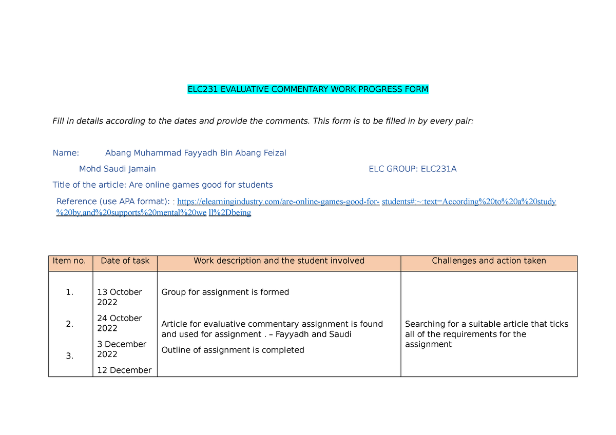 ELC231 expository essay (coreccted) - The Impact of Online Games