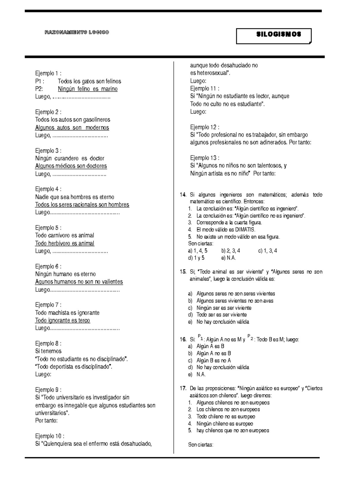 Silogismos Ejercicios Para Practicar Razonamiento Logico Silogismos Ejemplo P1 Studocu