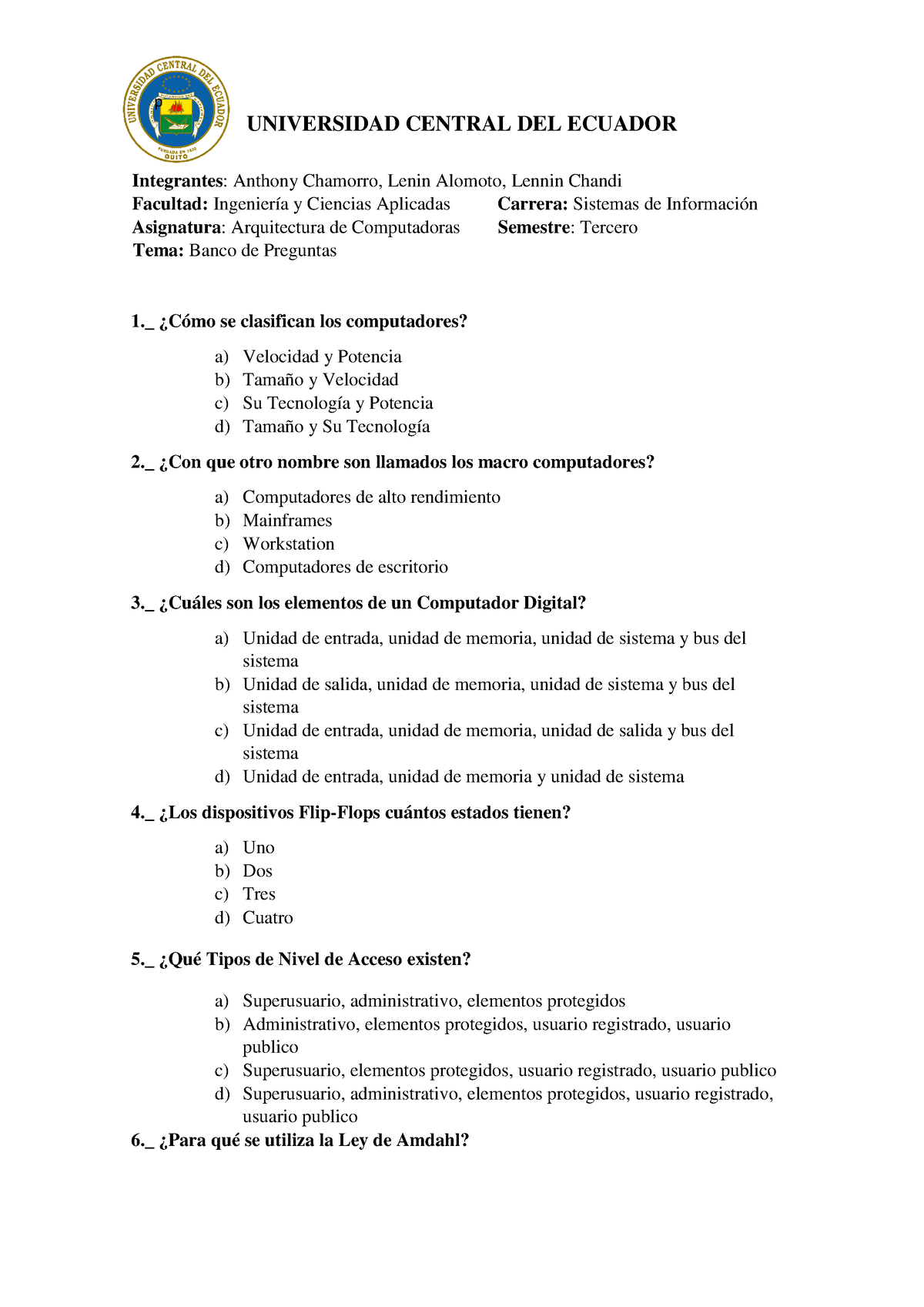 Banco Preguntas Grupo 9 P UNIVERSIDAD CENTRAL DEL ECUADOR Integrantes