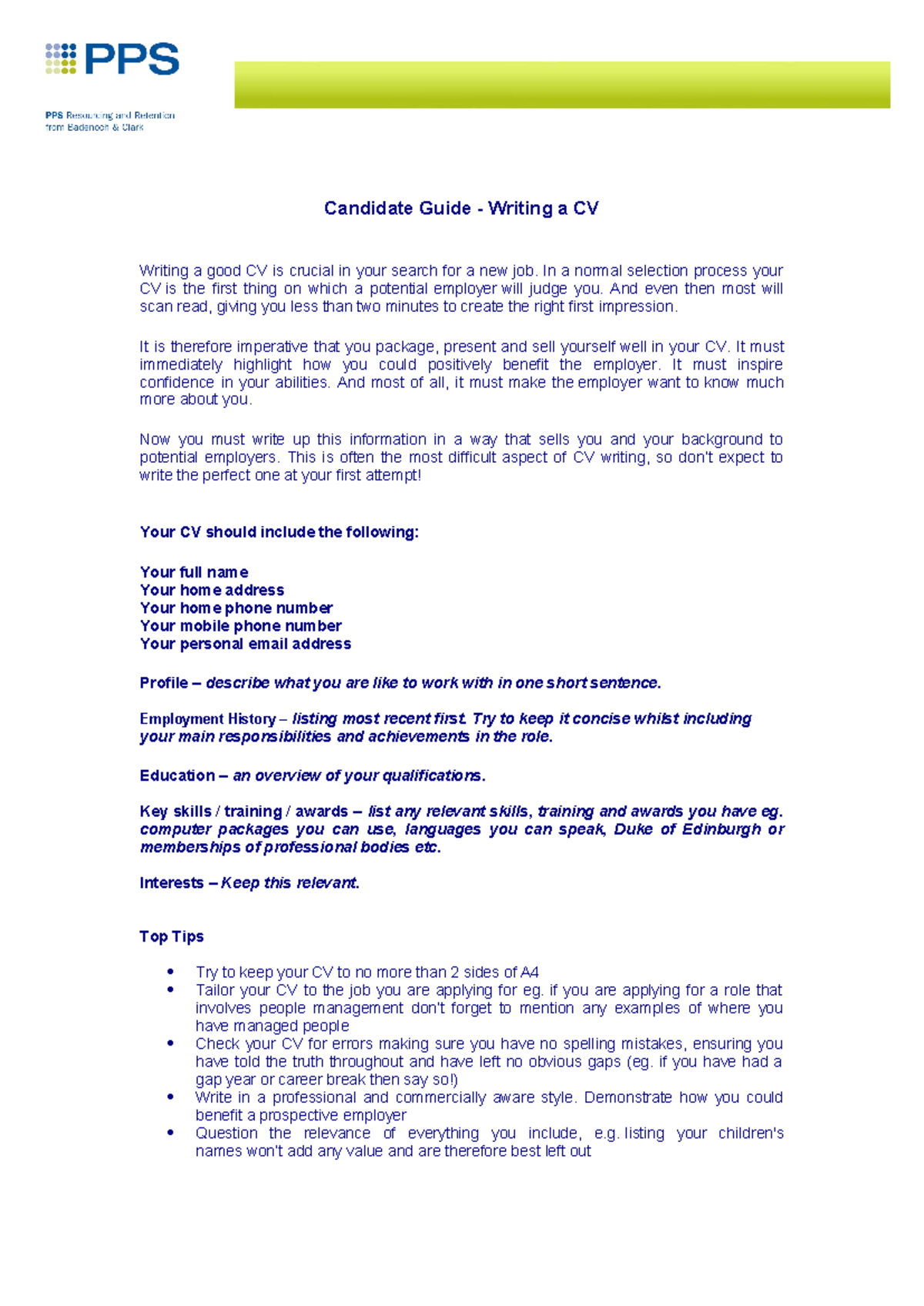 CV Guide - Kehf Candidate Guide - Writing a CV Writing a good CV is ...