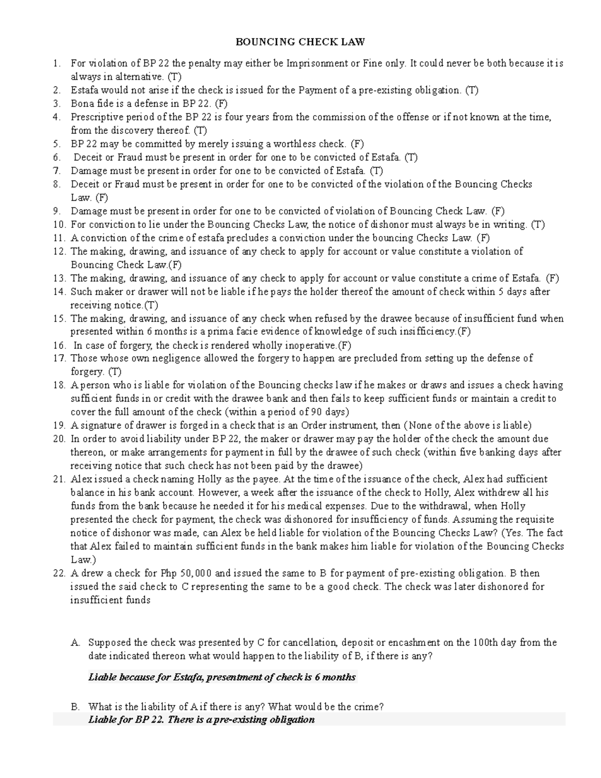 Reviewer Law - Lecture Notes 1 - Bouncing Check Law For Violation Of Bp 