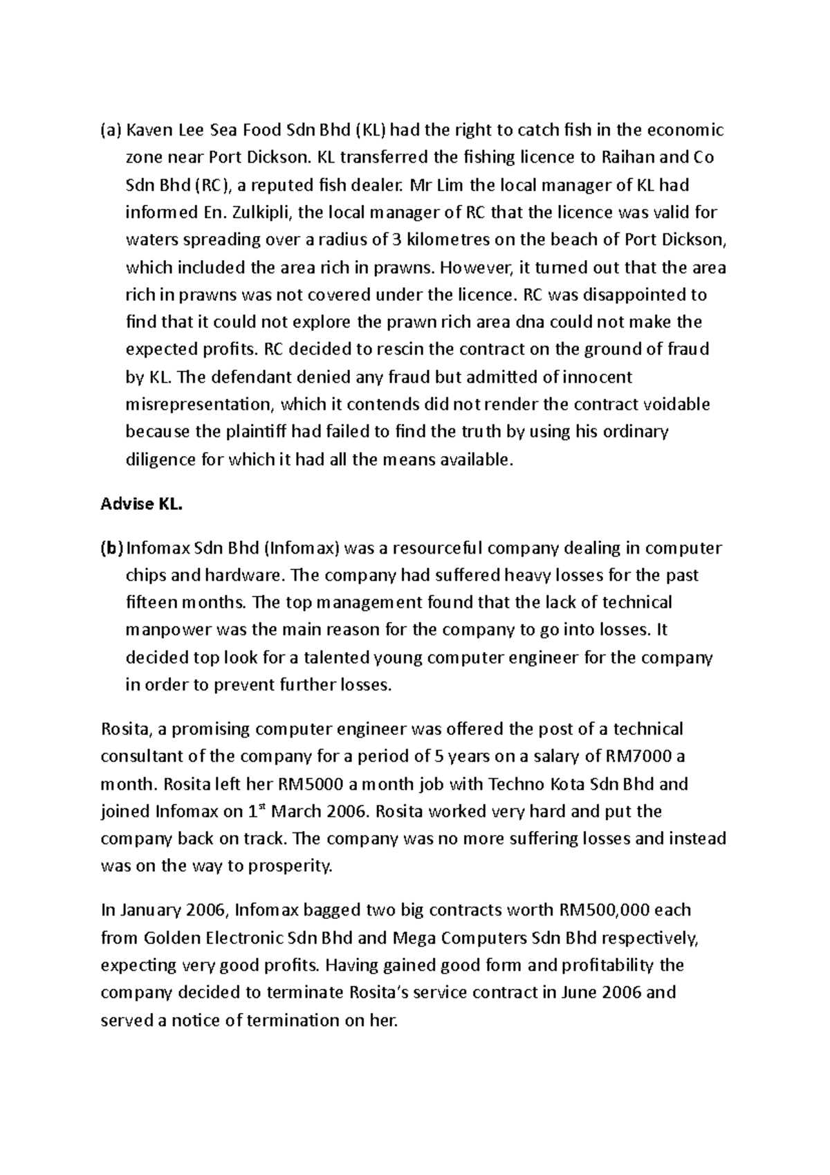 Contract II Tutorial Questions 2 - (a) Kaven Lee Sea Food Sdn Bhd (KL ...
