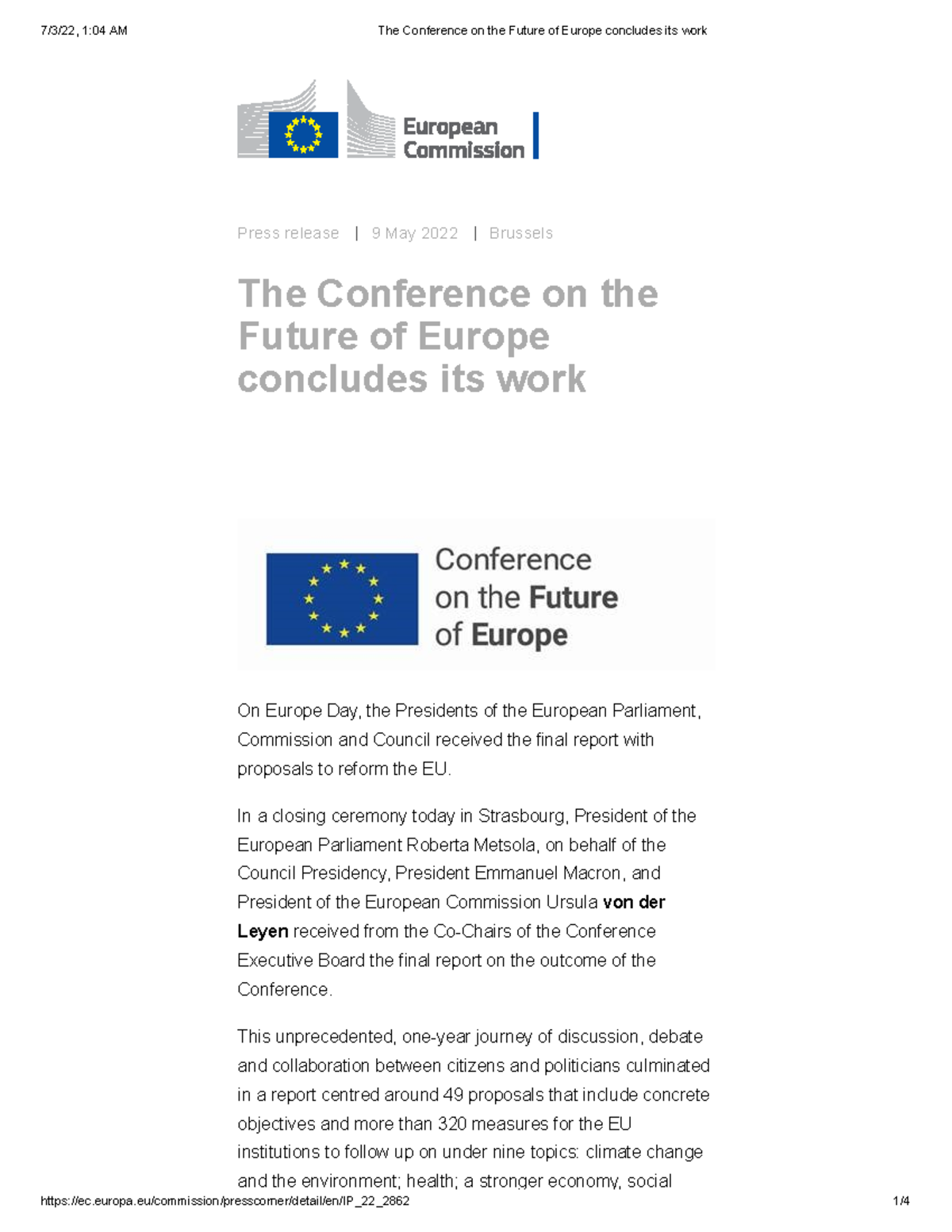 The Conference on the Future of Europe concludes its work - Press ...