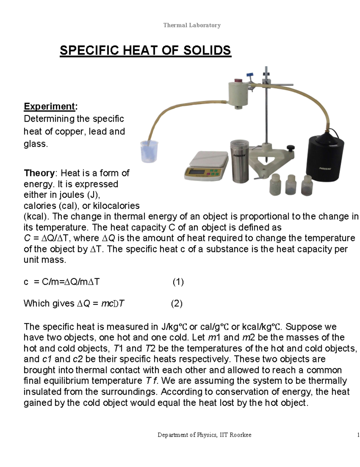 specific heat of solids experiment