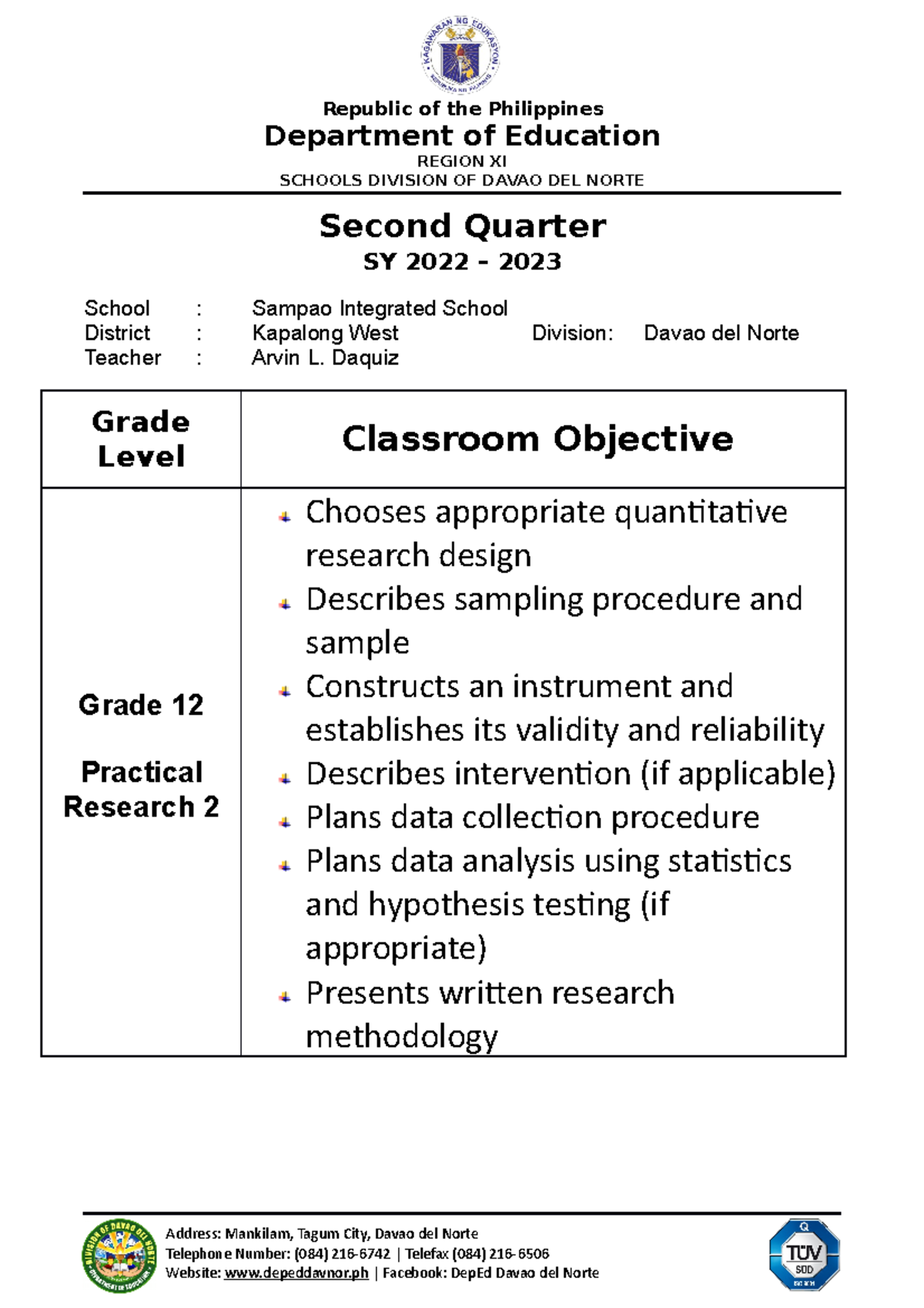 Classroo objective research - Republic of the Philippines Department of ...