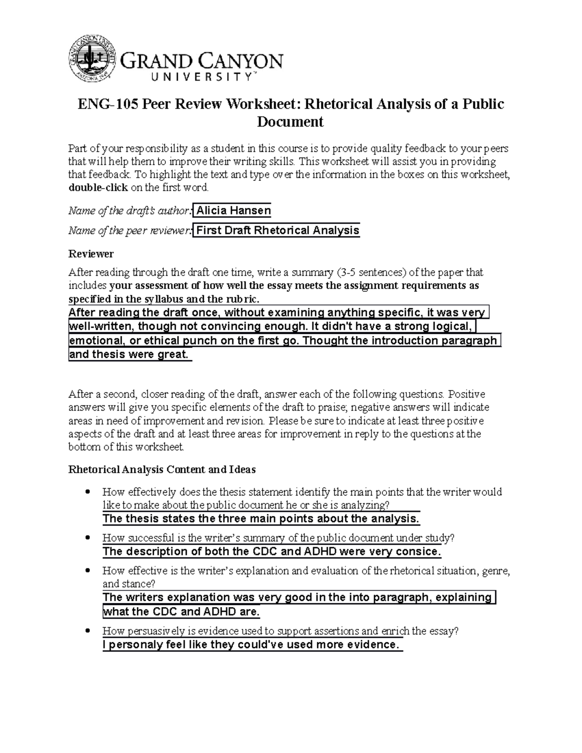 Rhetorical Analysis Peer Review Worksheet Revised Complete - ENG-105 ...