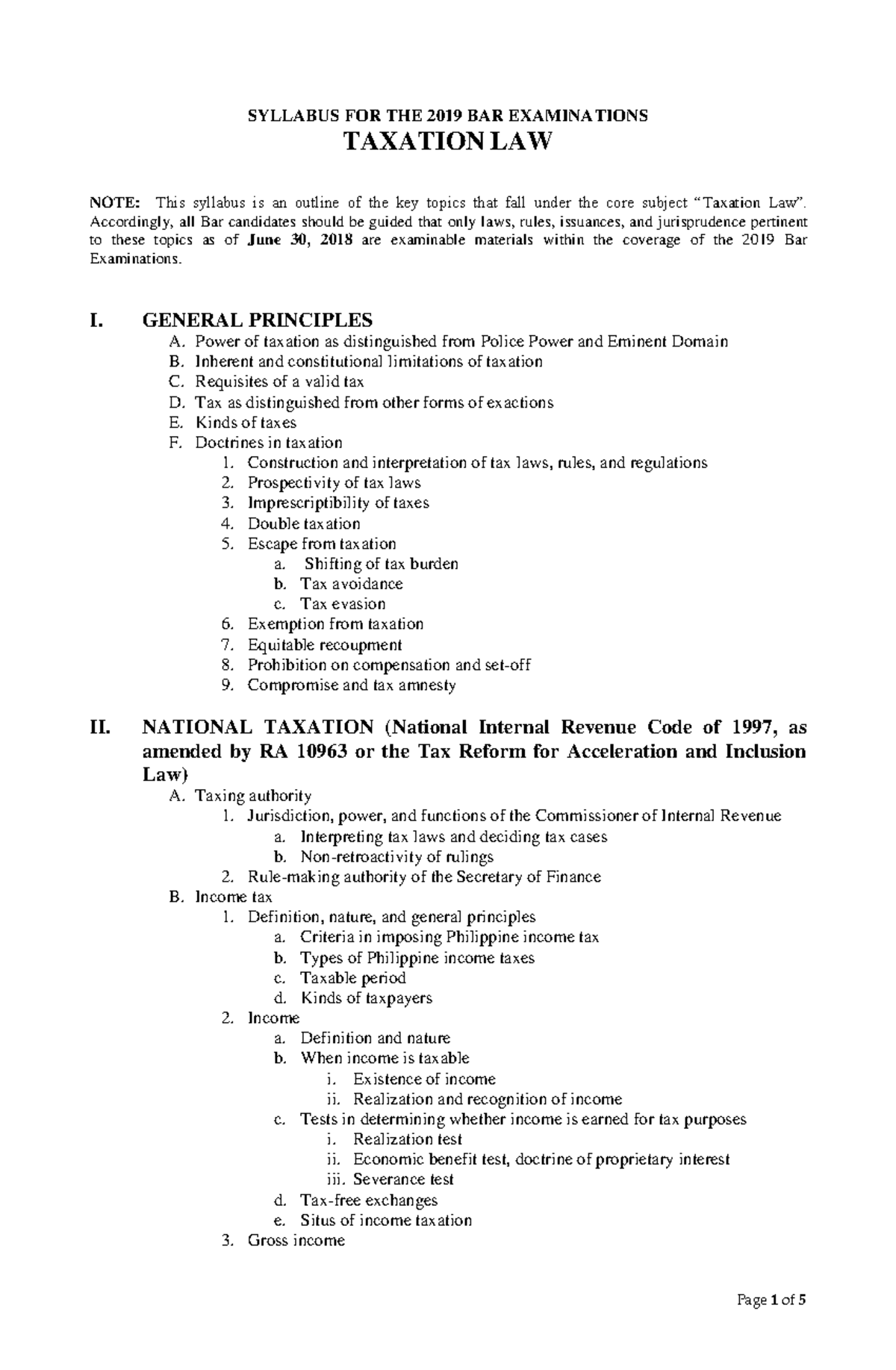 Taxation-LAW - SYLLABUS FOR THE 2019 BAR EXAMINATIONS TAXATION LAW NOTE ...