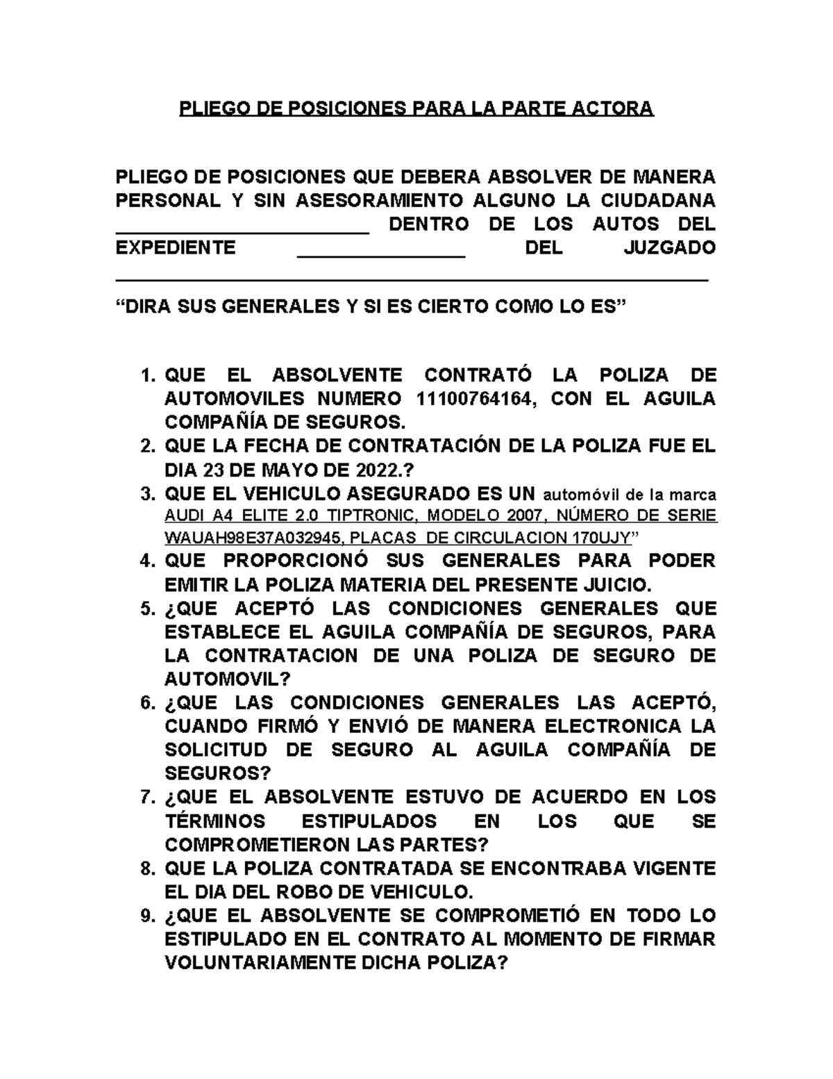 Pliego DE Posiciones EL Aguila - PLIEGO DE POSICIONES PARA LA PARTE ...