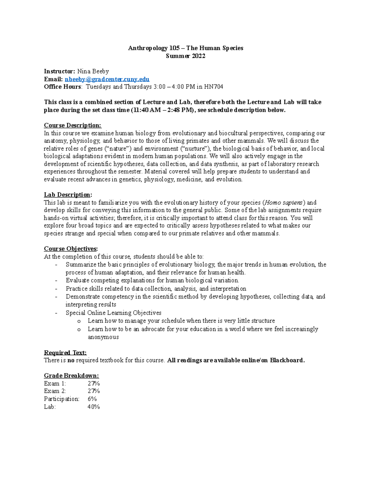 Anth 105 Sec 02 Summer 2022 Syllabus updated - Anthropology 105 – The ...