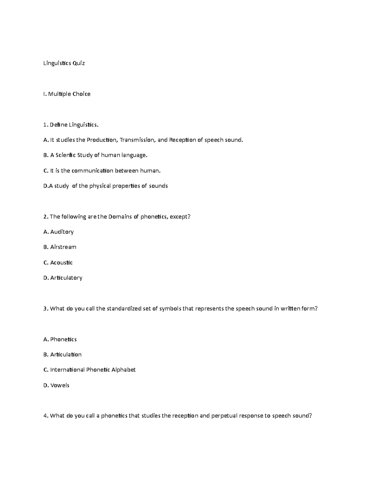 Group 1 Linguistics Quiz Linguistics Quiz I Multiple Choice Define 