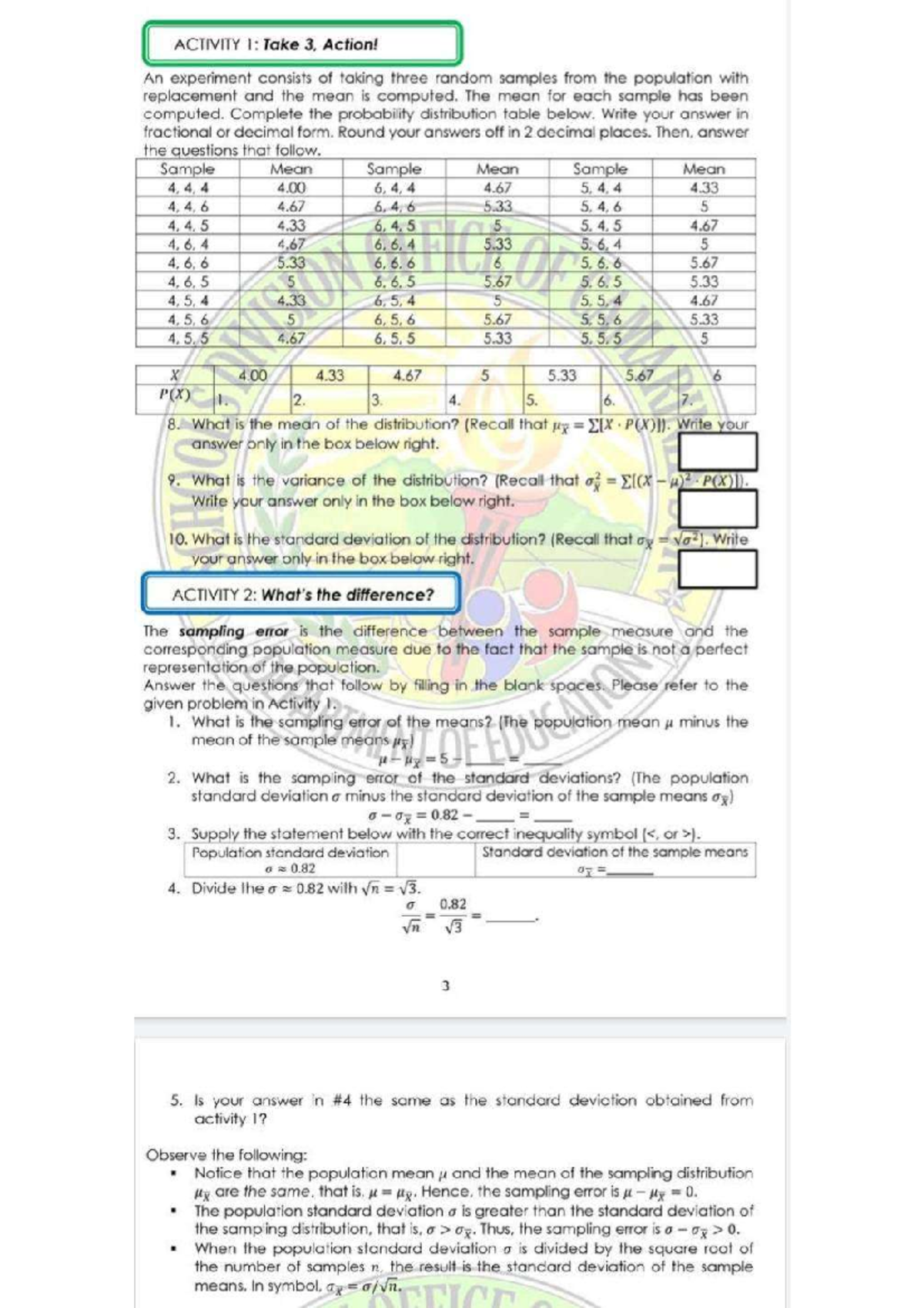 Finding the Mean and Variance - ACTIVITY 1: Take 3, Action! An ...