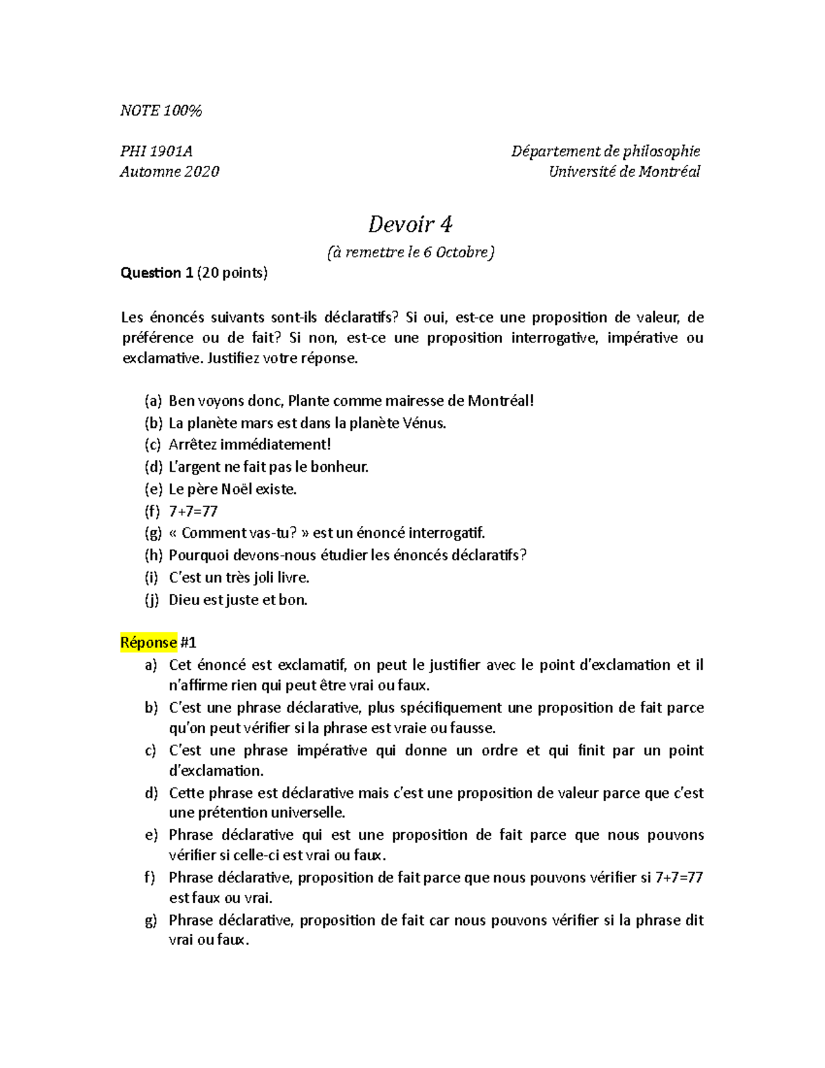 Devoir 4 Philo NOTE 100 PHI 1901A Département de philosophie Automne