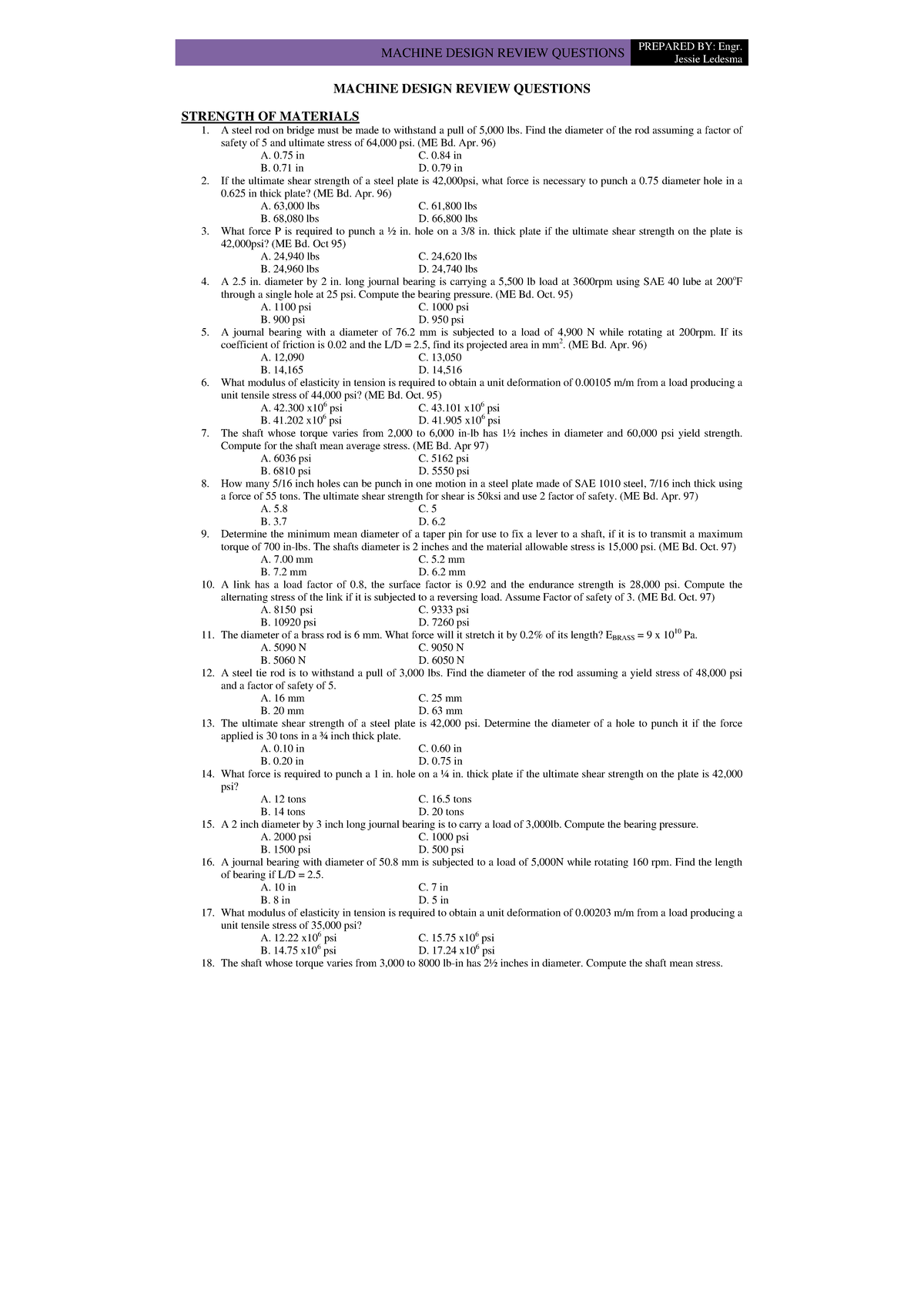 Machine-Design-Questions - MACHINE DESIGN REVIEW QUESTIONS Jessie ...
