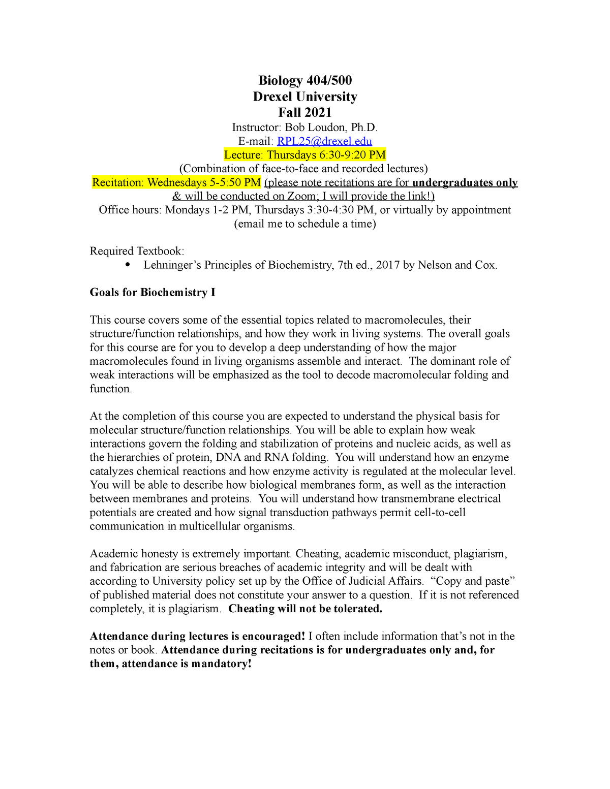 Bio 404 500 Fall 2021 Syllabus - Biology 404/ Drexel University Fall ...