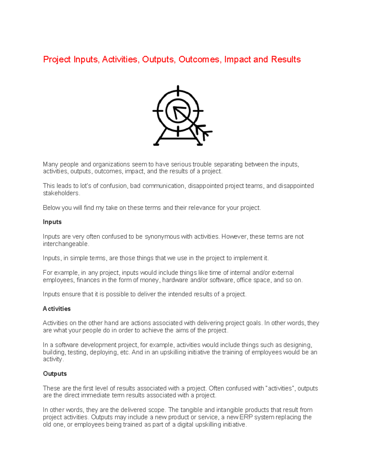 Project input output - Project Inputs, Activities, Outputs, Outcomes ...