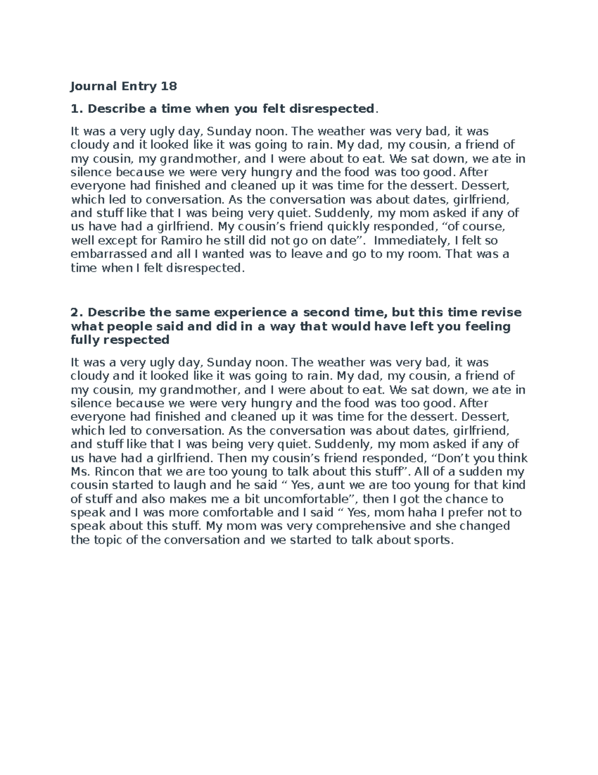 Journal Entry 18 - Journal Entry 18 Describe a time when you felt ...